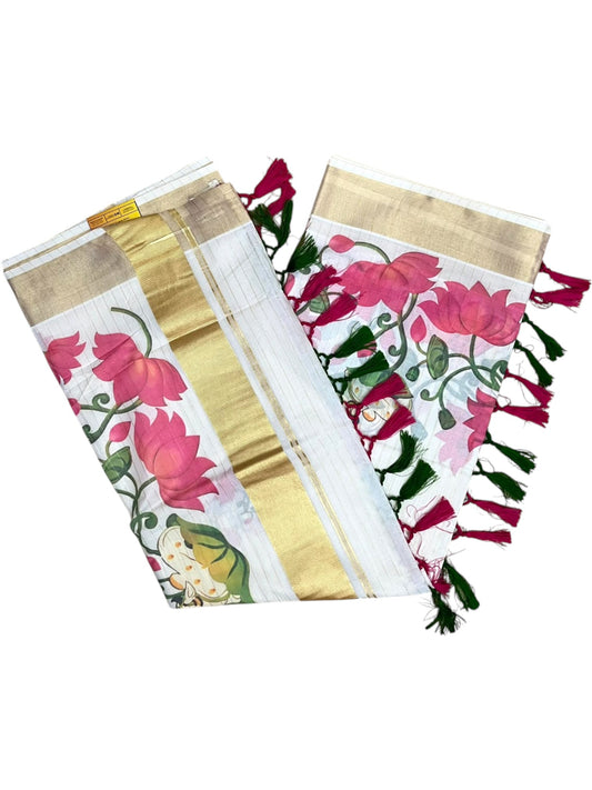 Southloom Cotton Kerala Kasavu Saree with Digital Painted Lotus Design SL586