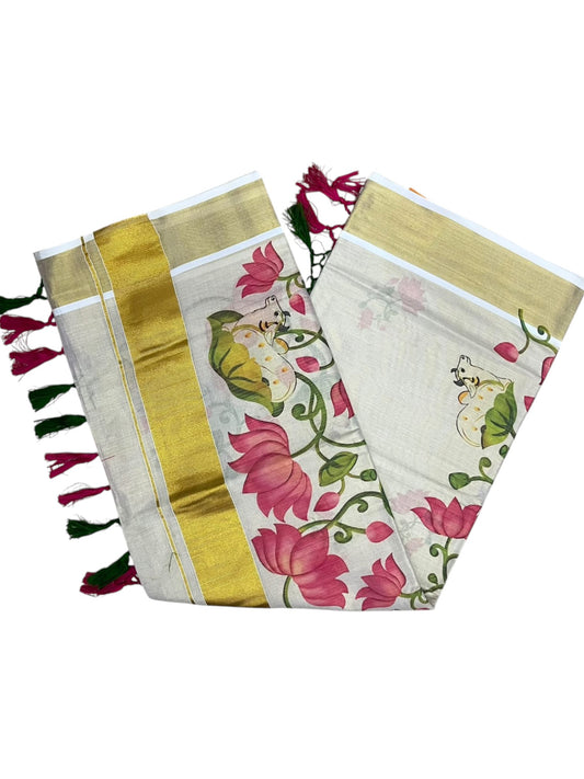 Southloom Tissue Kerala Kasavu Saree with Hand Painted Lotus Design SL586