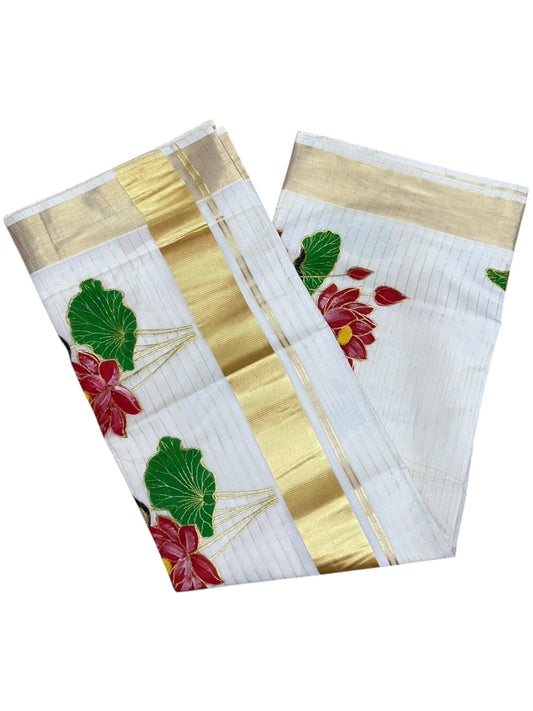 Southloom Cotton Kerala Kasavu Saree with Hand Painted Embroidery Lotus Design SL289