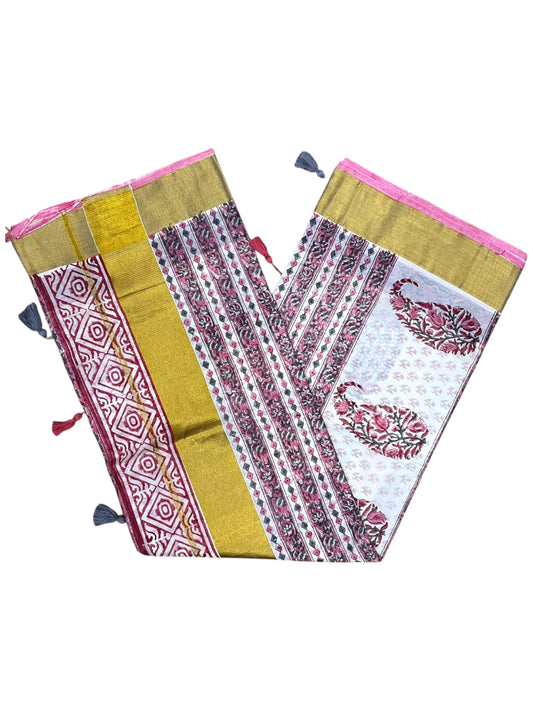 Southloom Cotton Kerala Kasavu Saree with Jaipur Block Printed on Body And Borders in Red SL561