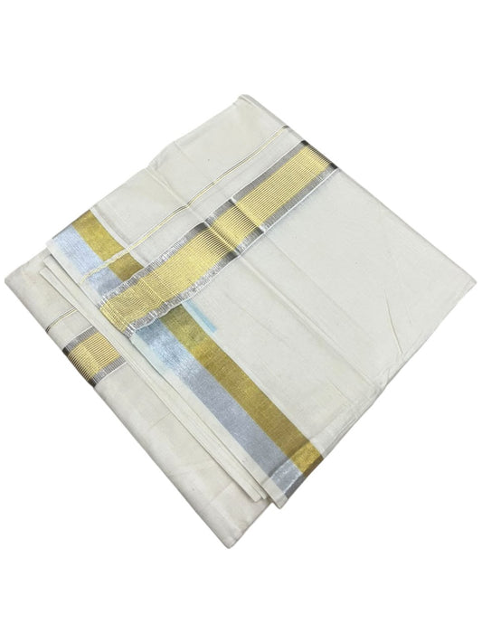 Southloom Kerala Pure Cotton Double Mundu with Gold and Silver Kasavu Border (South Indian Dhoti)