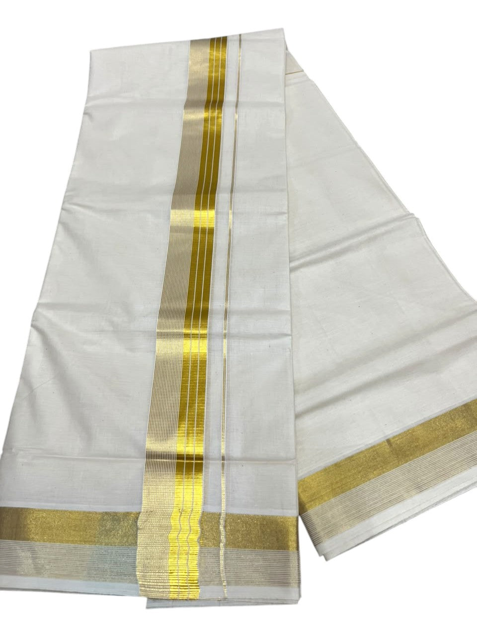 Southloom Kerala Pure Cotton Double Mundu with Gold Kasavu Lines Border (South Indian Dhoti)