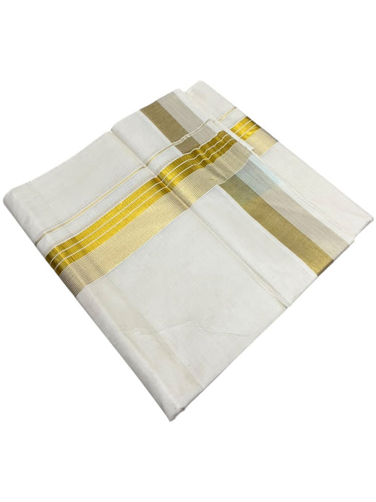 Southloom Kerala Pure Cotton Double Mundu with Gold Kasavu Lines Border (South Indian Dhoti)