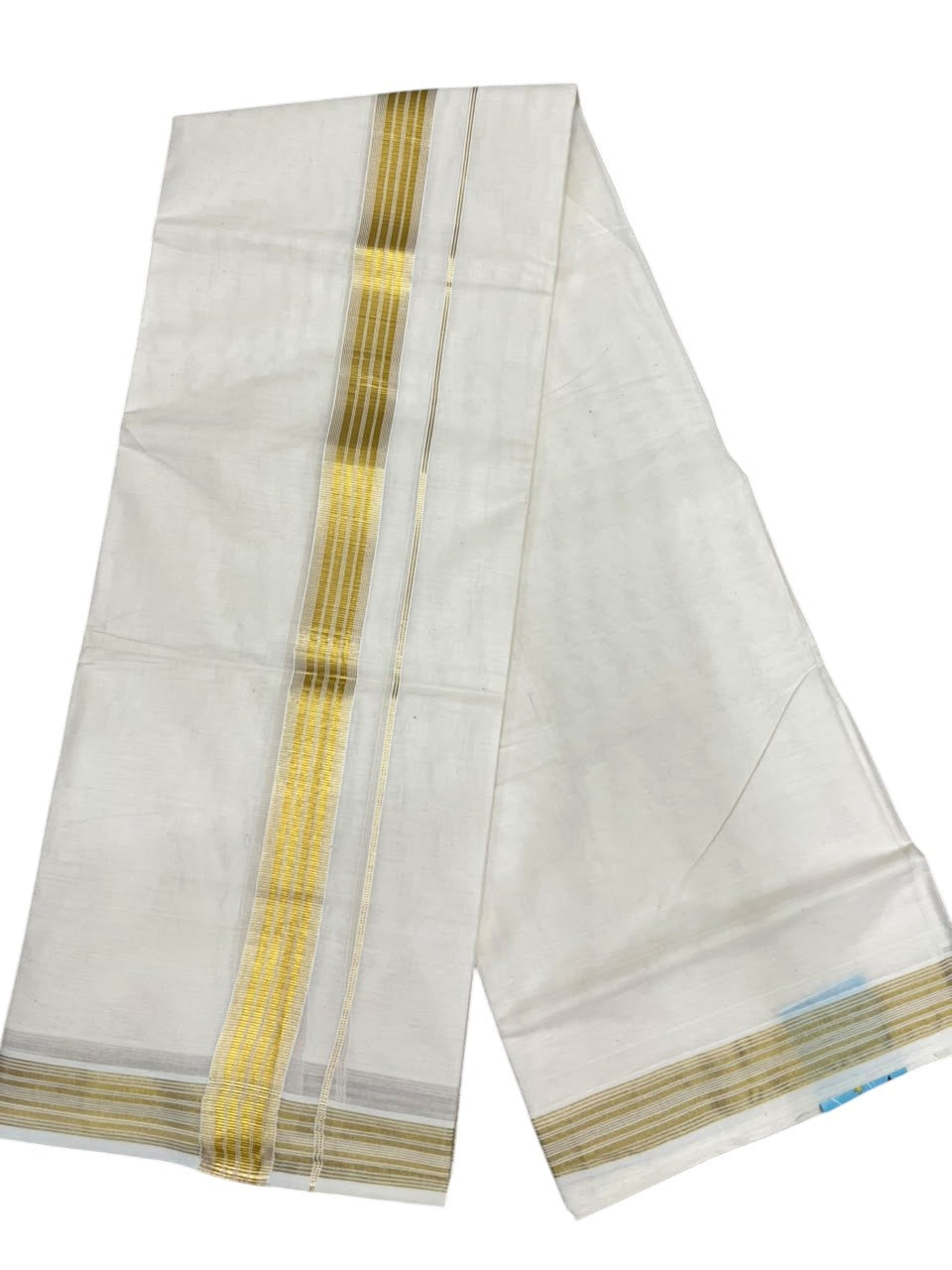 Southloom Kerala Pure Cotton Double Mundu with Gold Kasavu Lines Border (South Indian Dhoti)