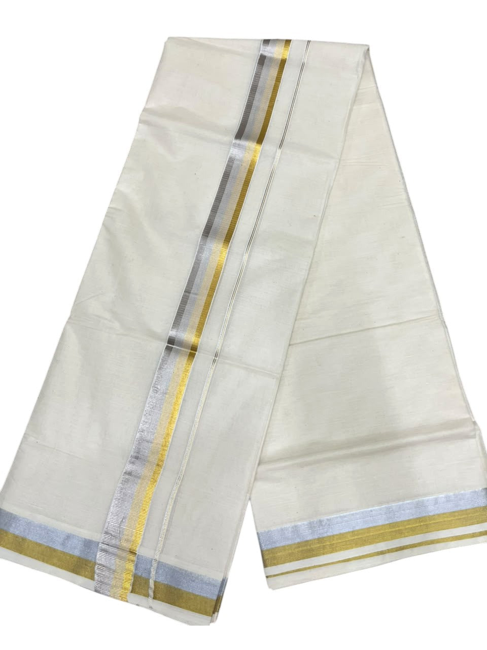 Southloom Kerala Pure Cotton Double Mundu with Gold &Silver Kasavu Border (South Indian Dhoti)