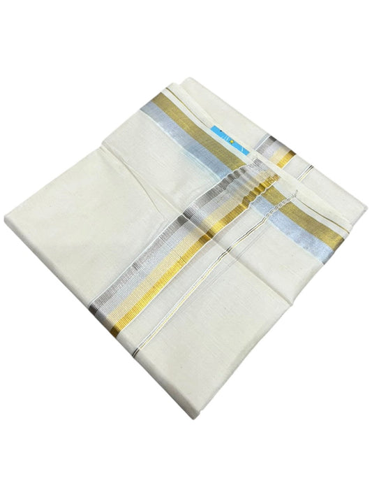 Southloom Kerala Pure Cotton Double Mundu with Gold &Silver Kasavu Border (South Indian Dhoti)