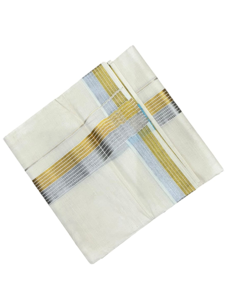 Southloom Kerala Pure Cotton Double Mundu with Gold &Silver Kasavu Lines Border (South Indian Dhoti)