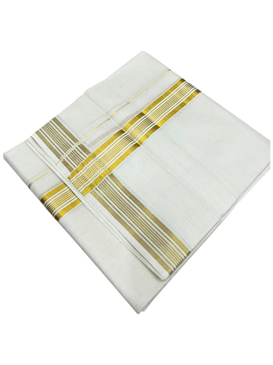 Southloom Kerala Pure Cotton Double Mundu with Gold Kasavu Lines Border (South Indian Dhoti)