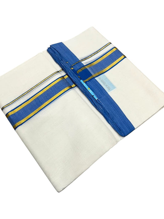 Southloom Balaramapuram Unakkupaavu Premium Handloom Cotton Double Mundu with Gold Kasavu and Blue Border