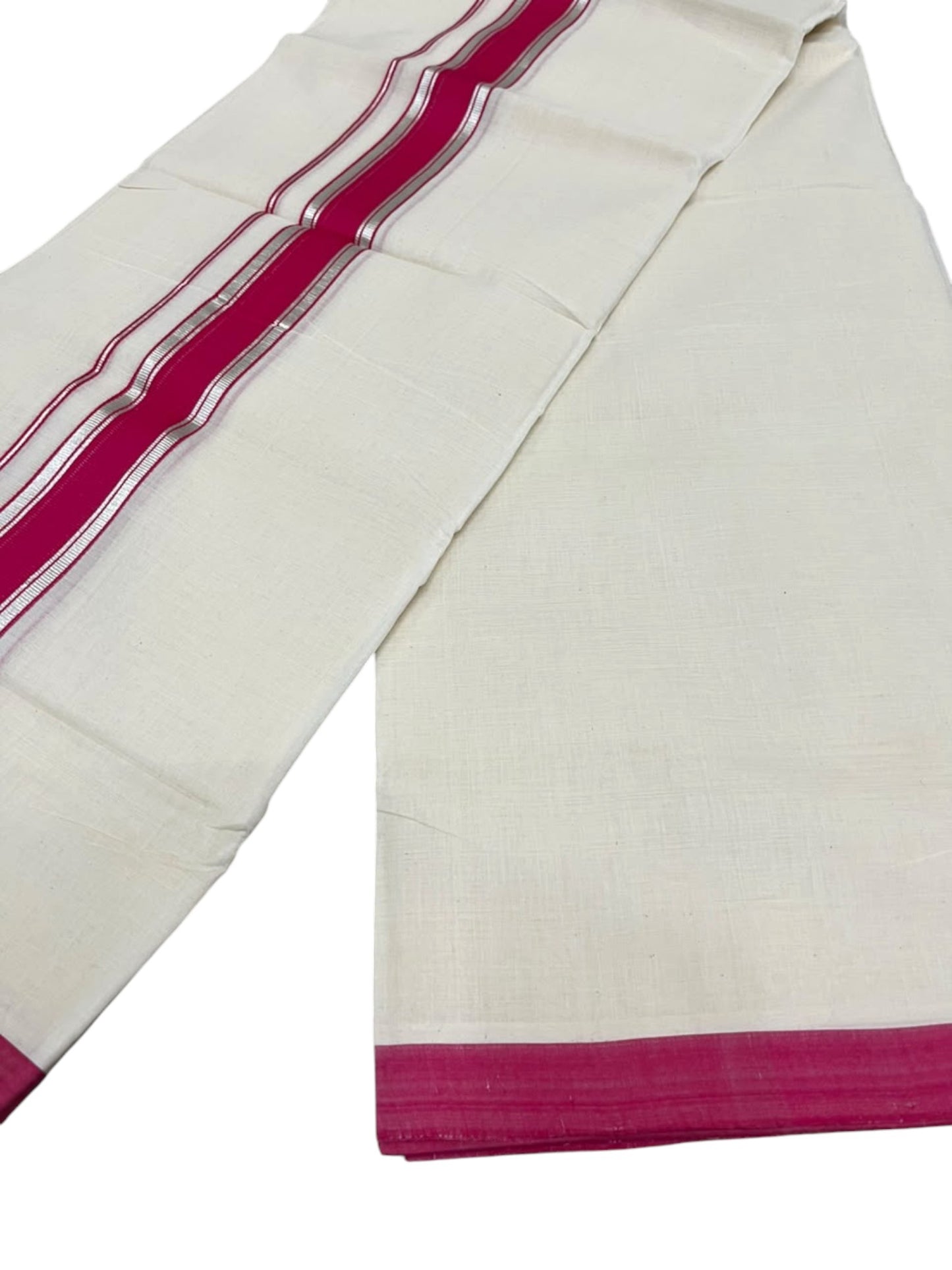 Southloom Balaramapuram Unakkupaavu Premium Handloom Cotton Double Mundu with Silver Kasavu and Border