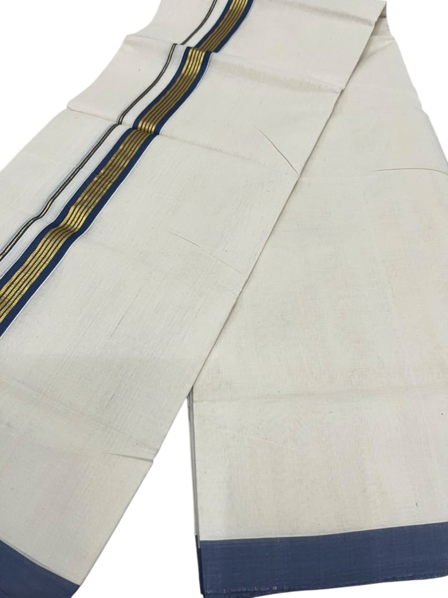 Southloom Balaramapuram Unakkupaavu Premium Handloom Cotton Double Mundu with Gold Kasavu and Blue Border