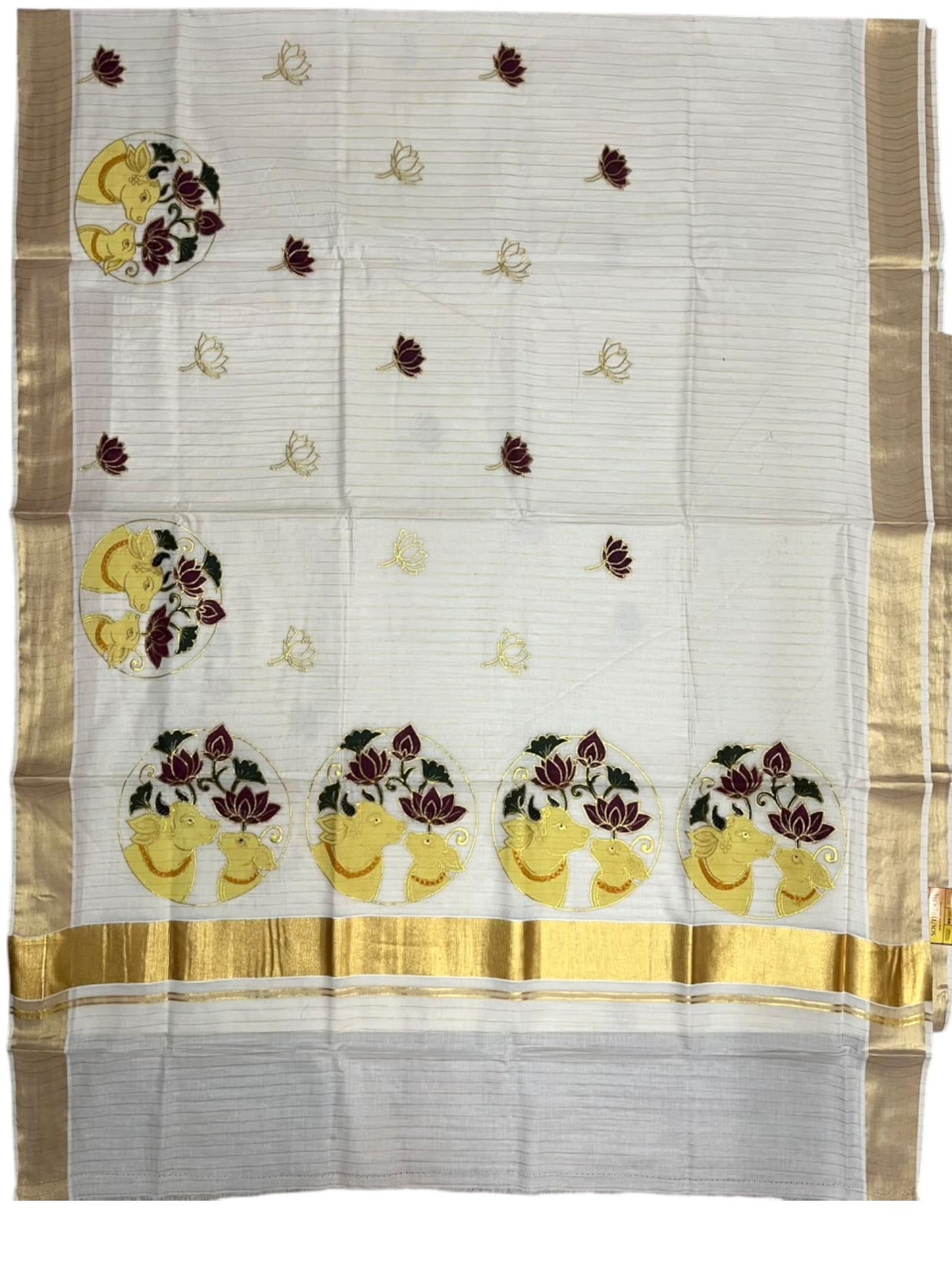 Southloom Cotton Kerala Kasavu Saree with Hand Painted Embroidery Lotus With Nandhi Design In Maroon SL593