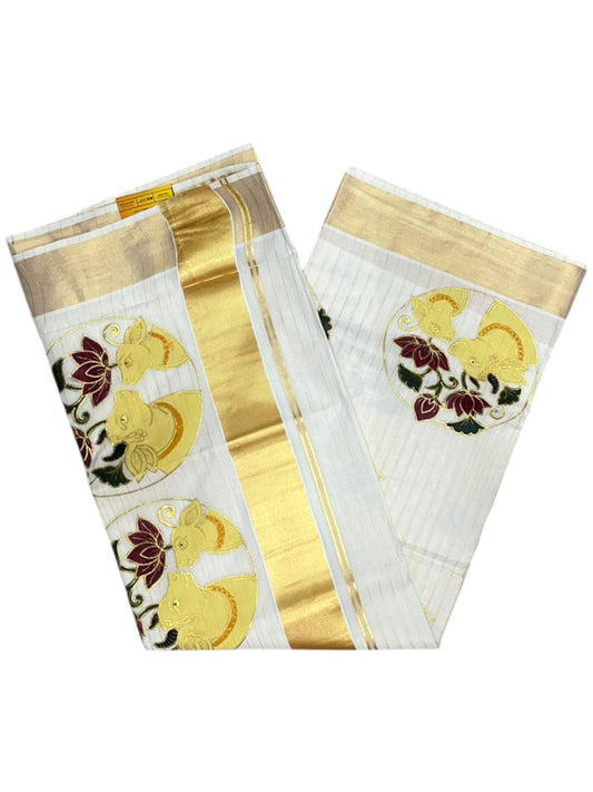Southloom Cotton Kerala Kasavu Saree with Hand Painted Embroidery Lotus With Nandhi Design In Maroon SL593