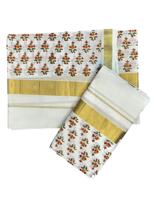 Southloom Cotton Single Set Mundu (Mundu Neriyathum) With Floral Digital Print In Orange 2.80 Mtrs