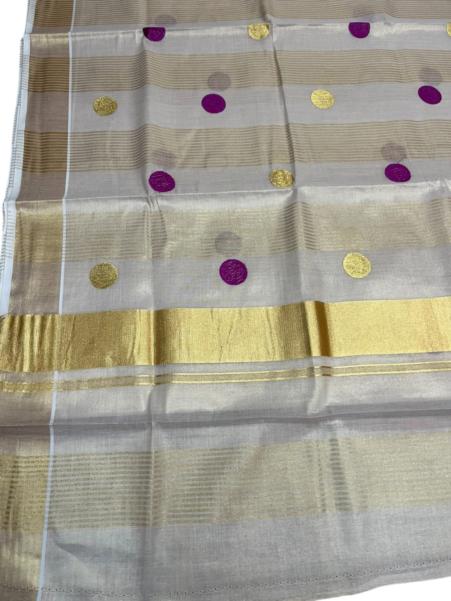 Southloom Kerala Tissue Kasavu Stripes Saree with Polka Embroidery Works on Body in Magenta SL587