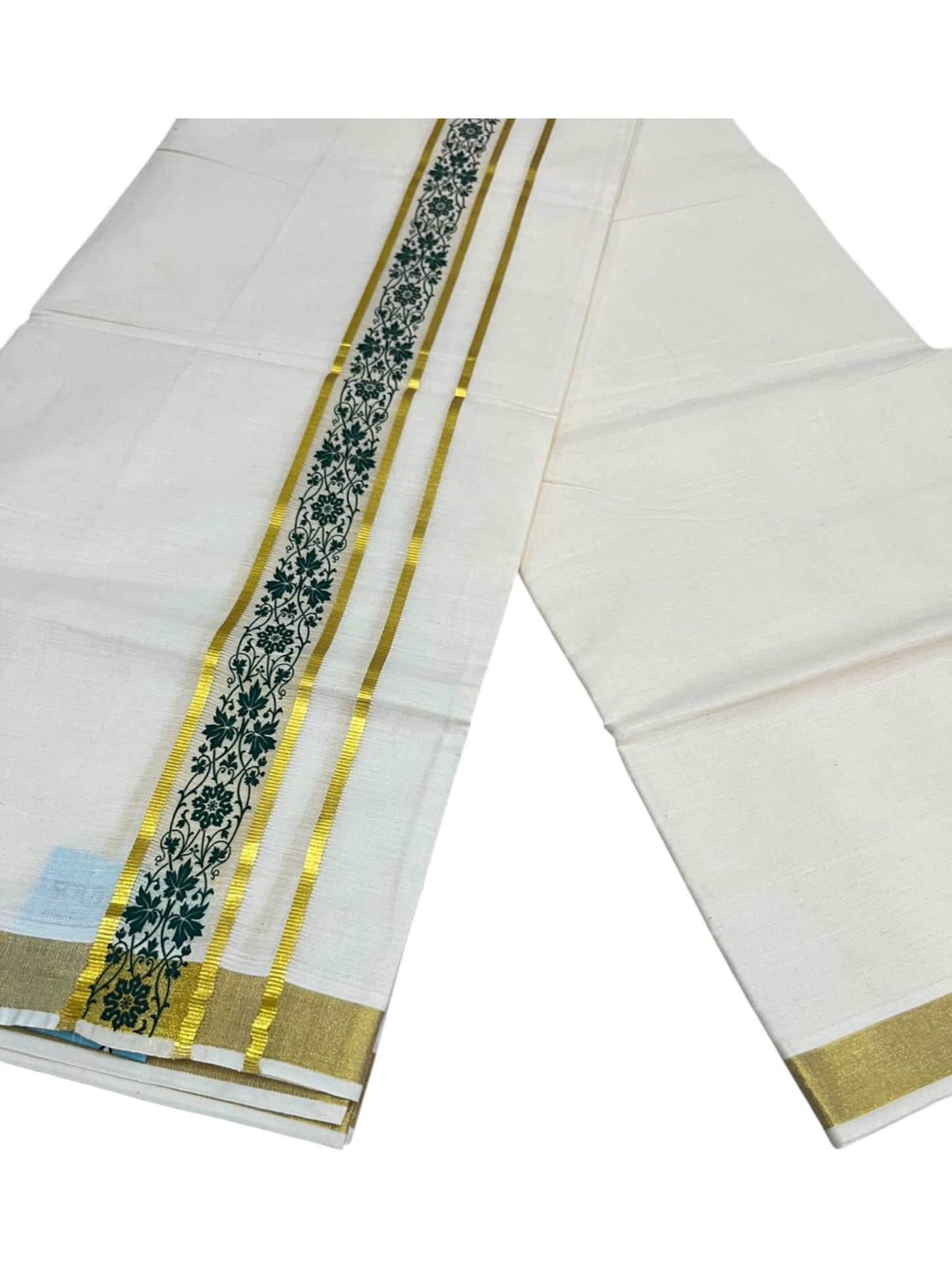 southloom Pure Cotton Double Mundu with Block Prints on Green Border (South Indian Dhoti)SL597