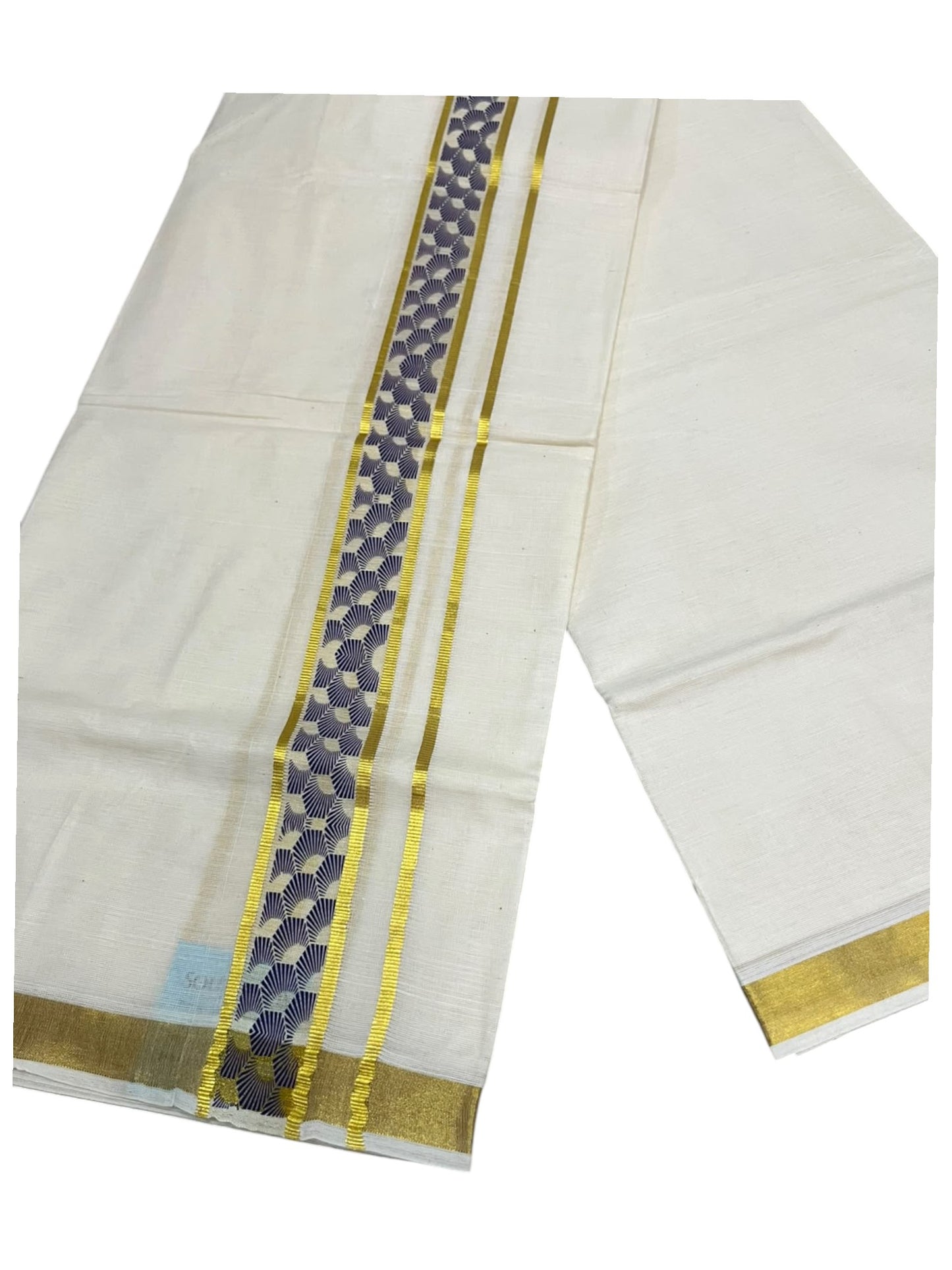 southloom Pure Cotton Double Mundu with Block Prints on Blue Border (South Indian Dhoti)SL597