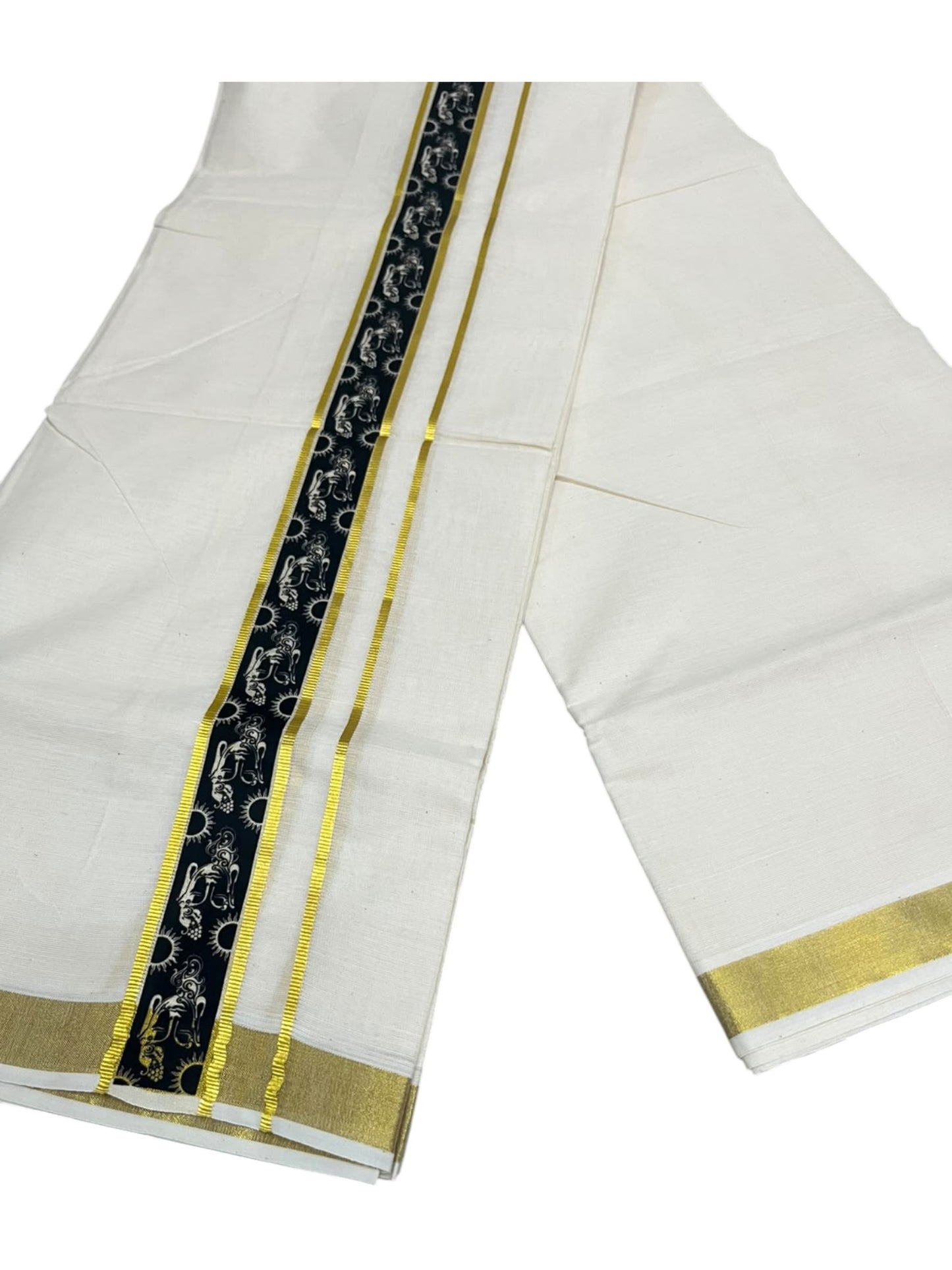 southloom Pure Cotton Double Mundu with Block Prints on Black Border (South Indian Dhoti)SL597