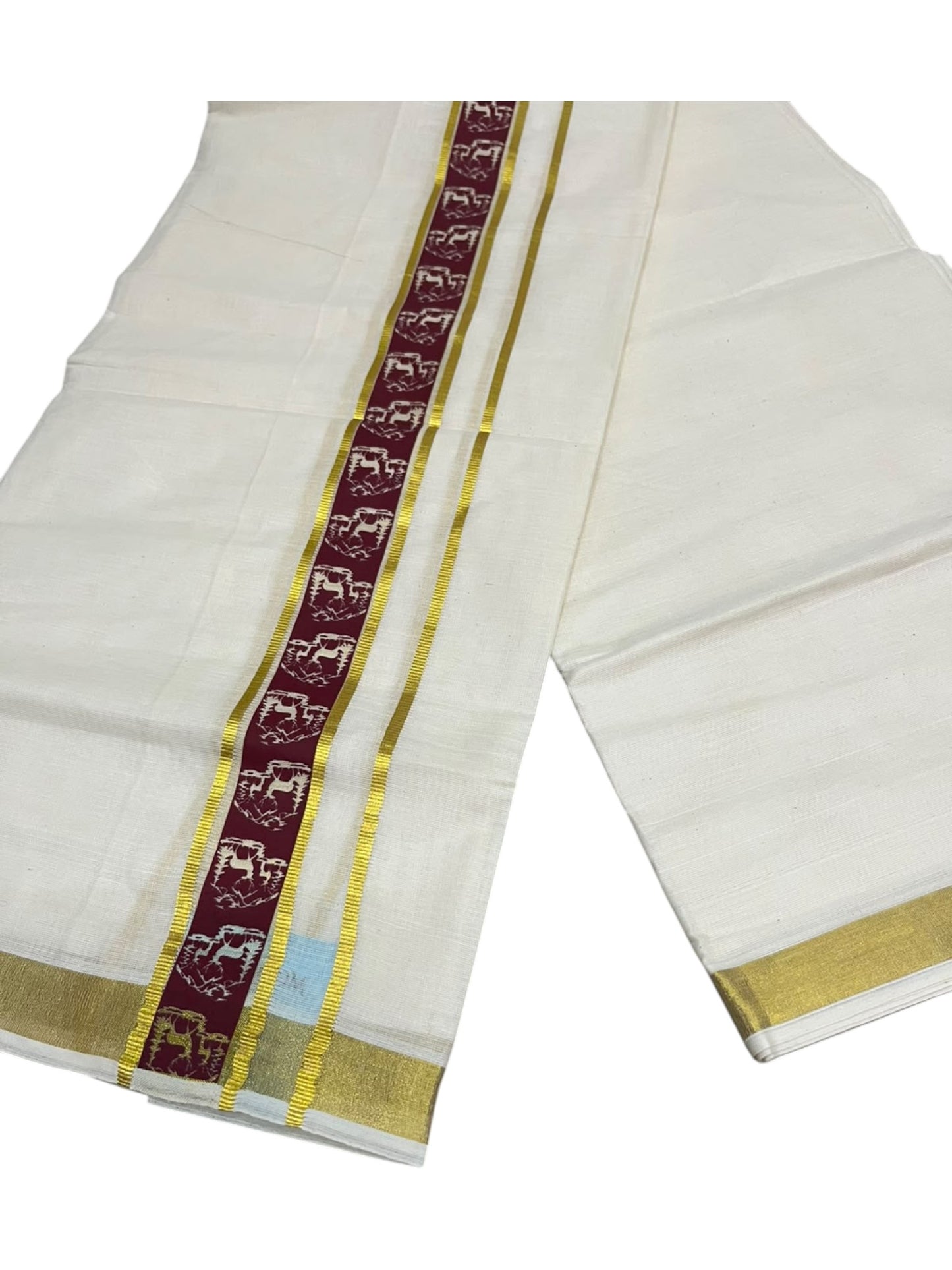 southloom Pure Cotton Double Mundu with Block Prints on Maroon Border (South Indian Dhoti)SL597