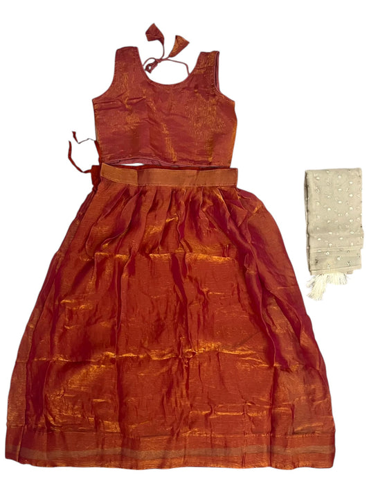 Southloom Stitched Organza Dhavani Set with Pavada and Blouse Piece in Band orange SL595