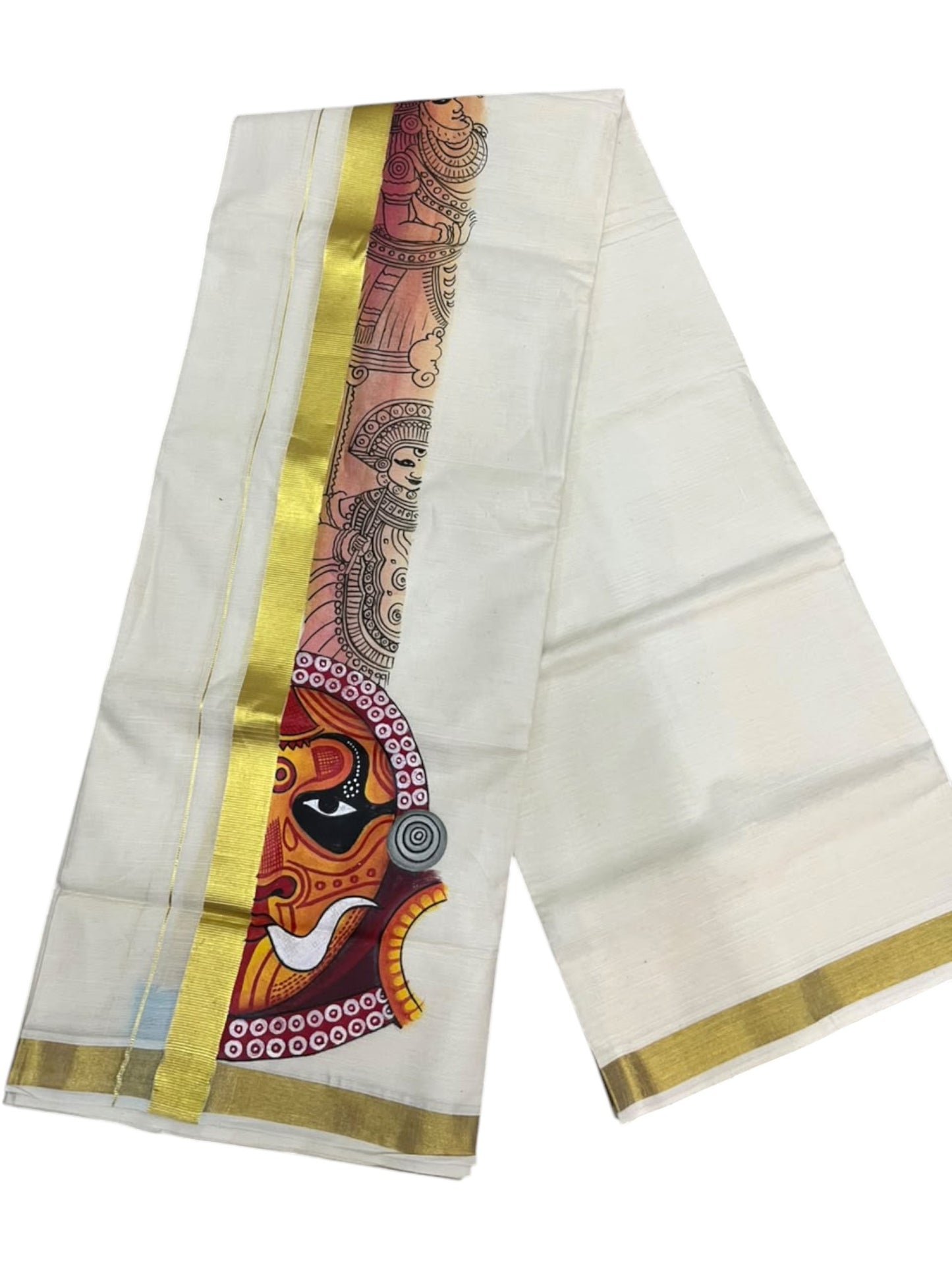 Southloom Pure Cotton Hand Painted Double Mundu (South Indian Kerala Dhoti)SL330
