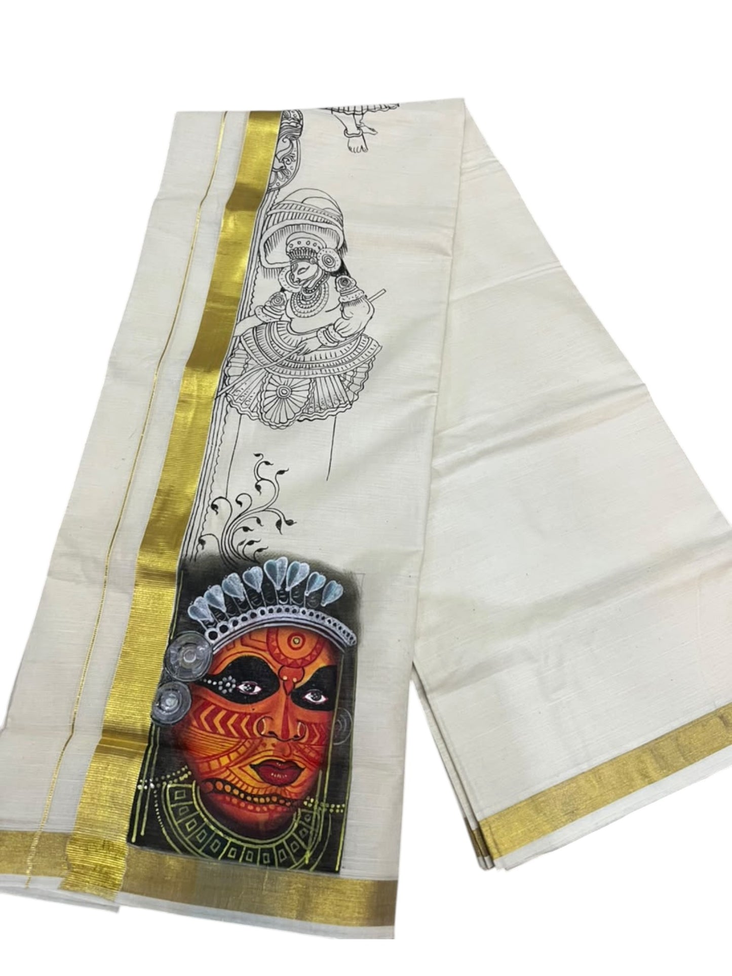 Southloom Pure Cotton Hand Painted Double Mundu (South Indian Kerala Dhoti)SL330