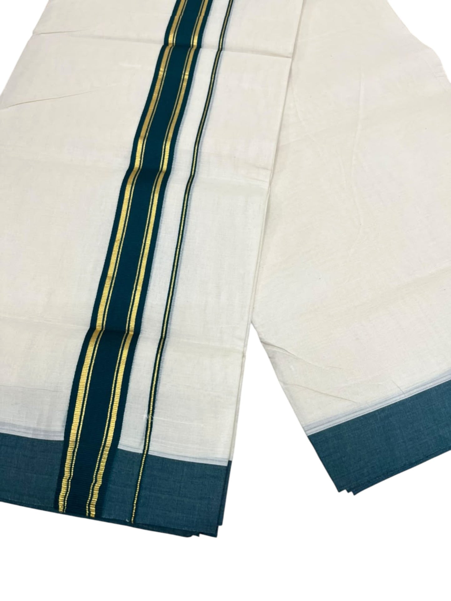 Southloom Pure Cotton Mundu with Golden Lines and Peacock Green Border (South Indian Kerala Dhoti)