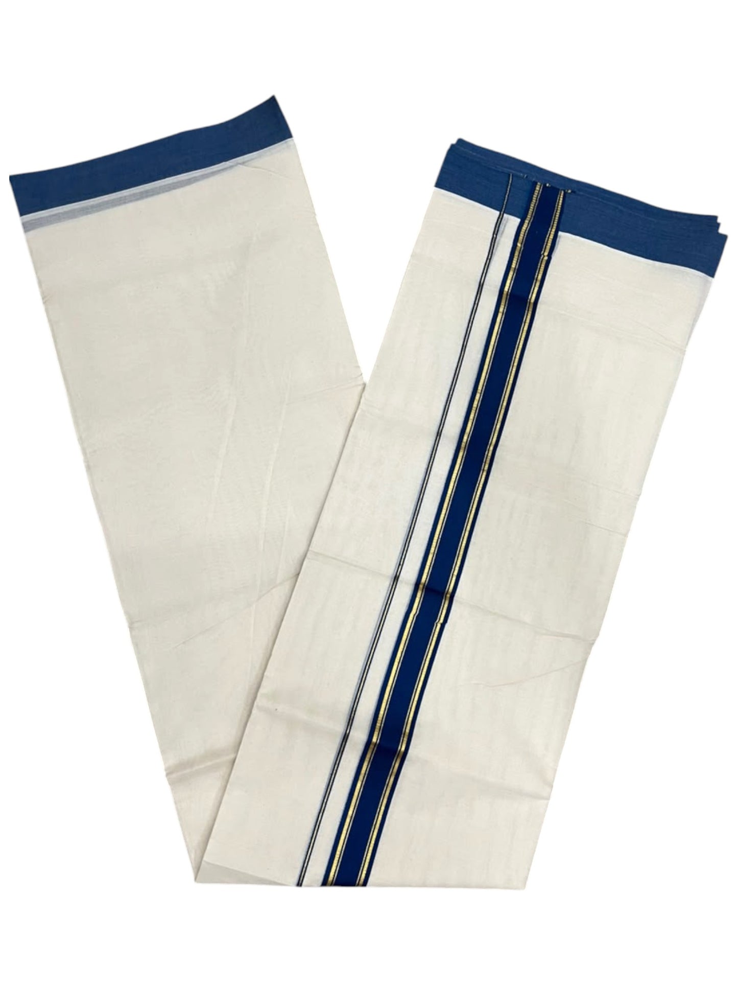 Southloom Pure Cotton Mundu with Golden Lines and Blue Border (South Indian Kerala Dhoti)