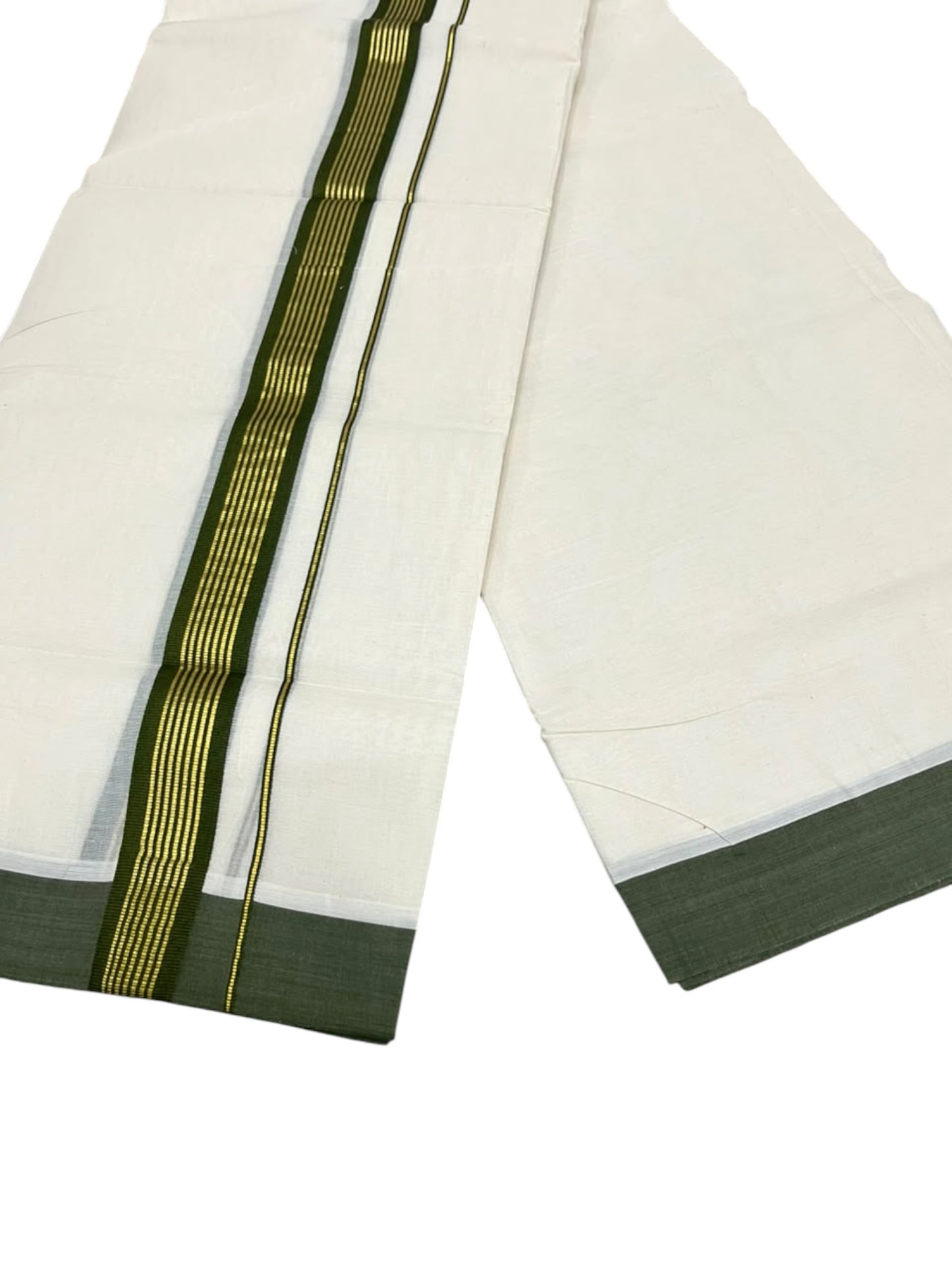 Southloom Pure Cotton Mundu with Golden Lines and Green Border (South Indian Kerala Dhoti)