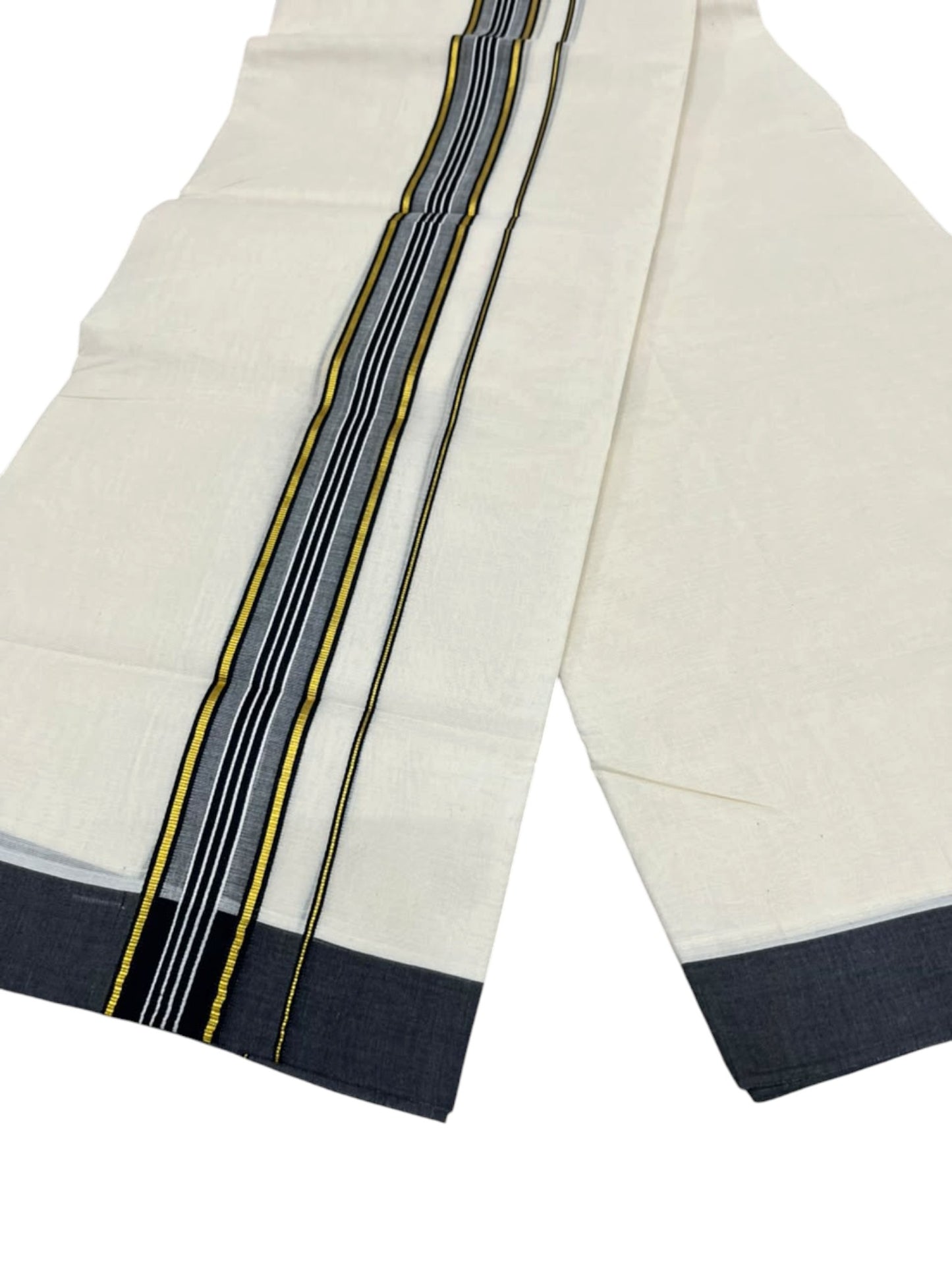 Southloom Pure Cotton Mundu with Golden Lines and Black Border (South Indian Kerala Dhoti)