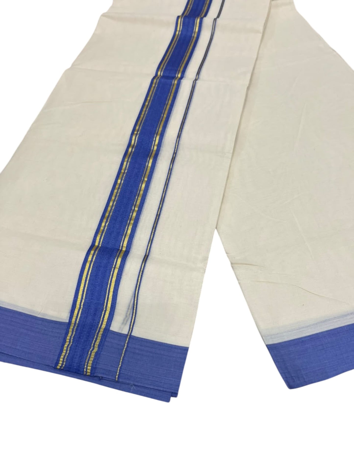 Southloom Pure Cotton Mundu with Golden Lines and Blue Border (South Indian Kerala Dhoti)