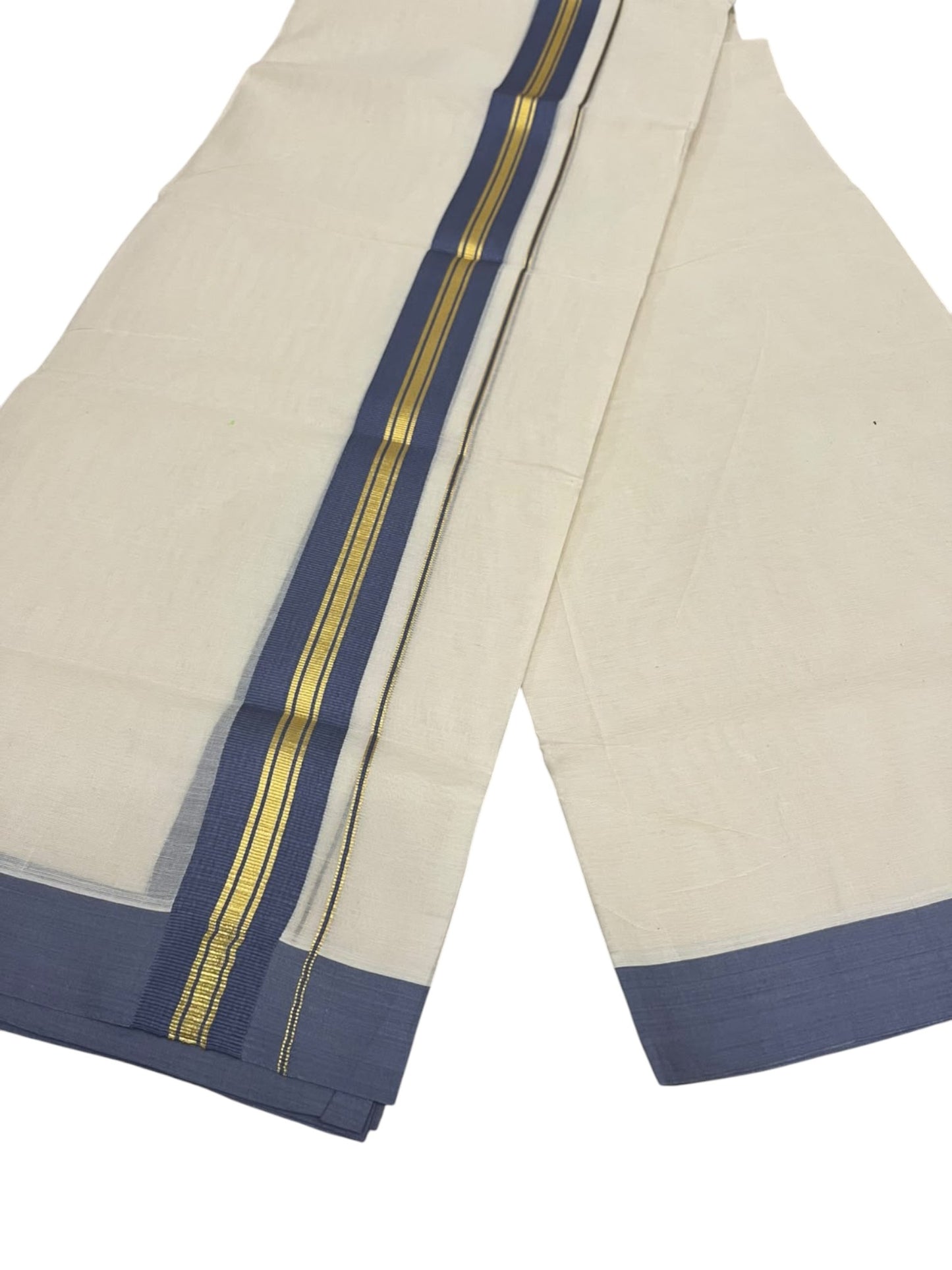 Southloom Pure Cotton Mundu with Golde Blue Lines and Border (South Indian Kerala Dhoti)