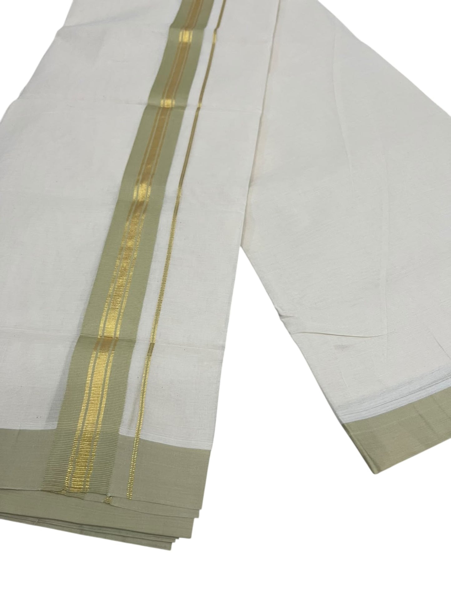 Southloom Pure Cotton Mundu with Golde Olive Green Lines and Border (South Indian Kerala Dhoti)