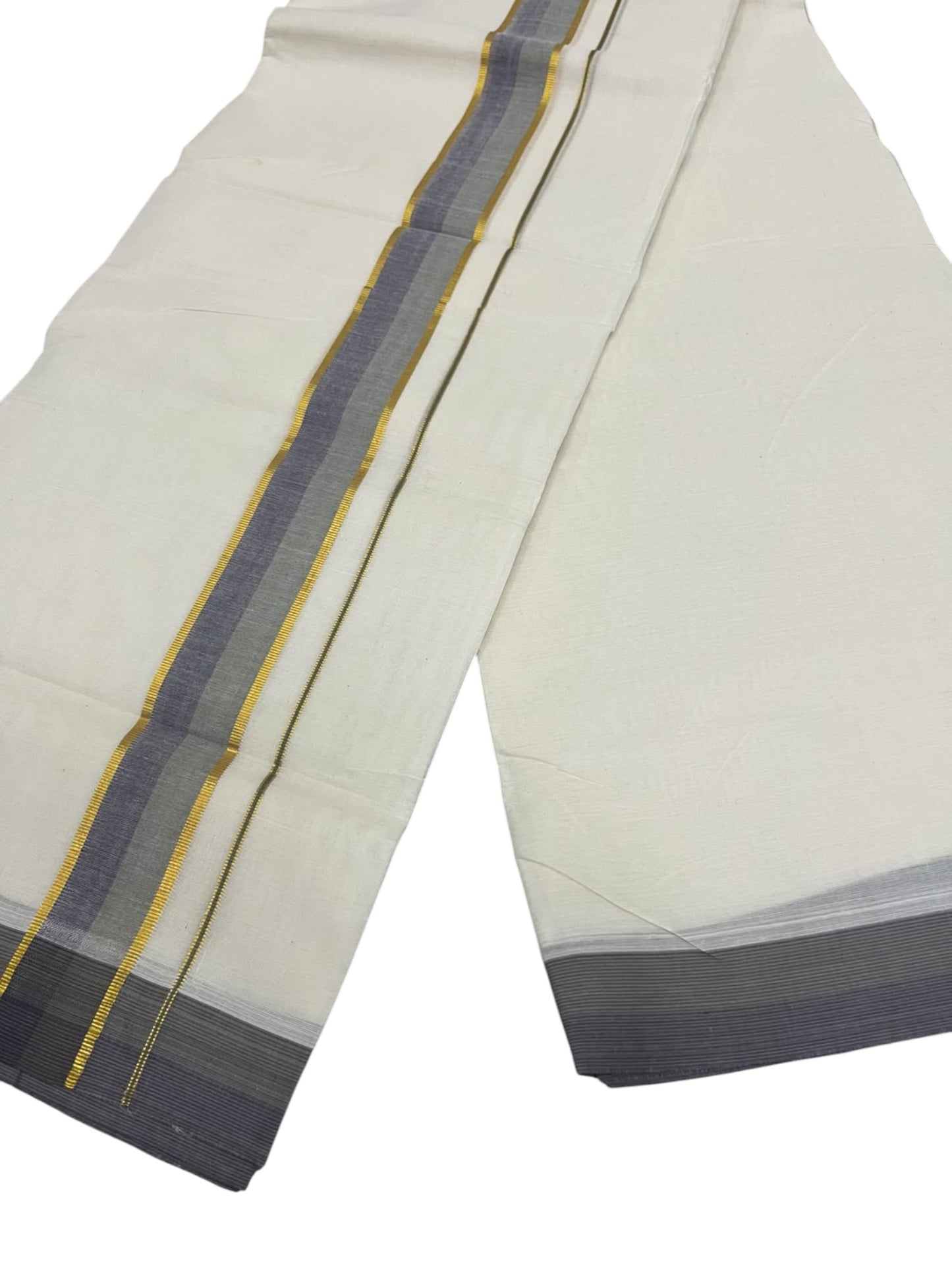 Southloom Pure Cotton Mundu with Golden Lines and Grey & Purple Border (South Indian Kerala Dhoti)