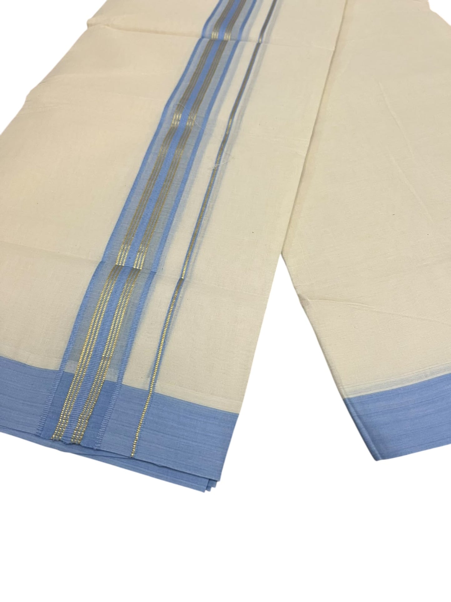 Southloom Pure Cotton Mundu with Golden Lines and Blue Border (South Indian Kerala Dhoti)