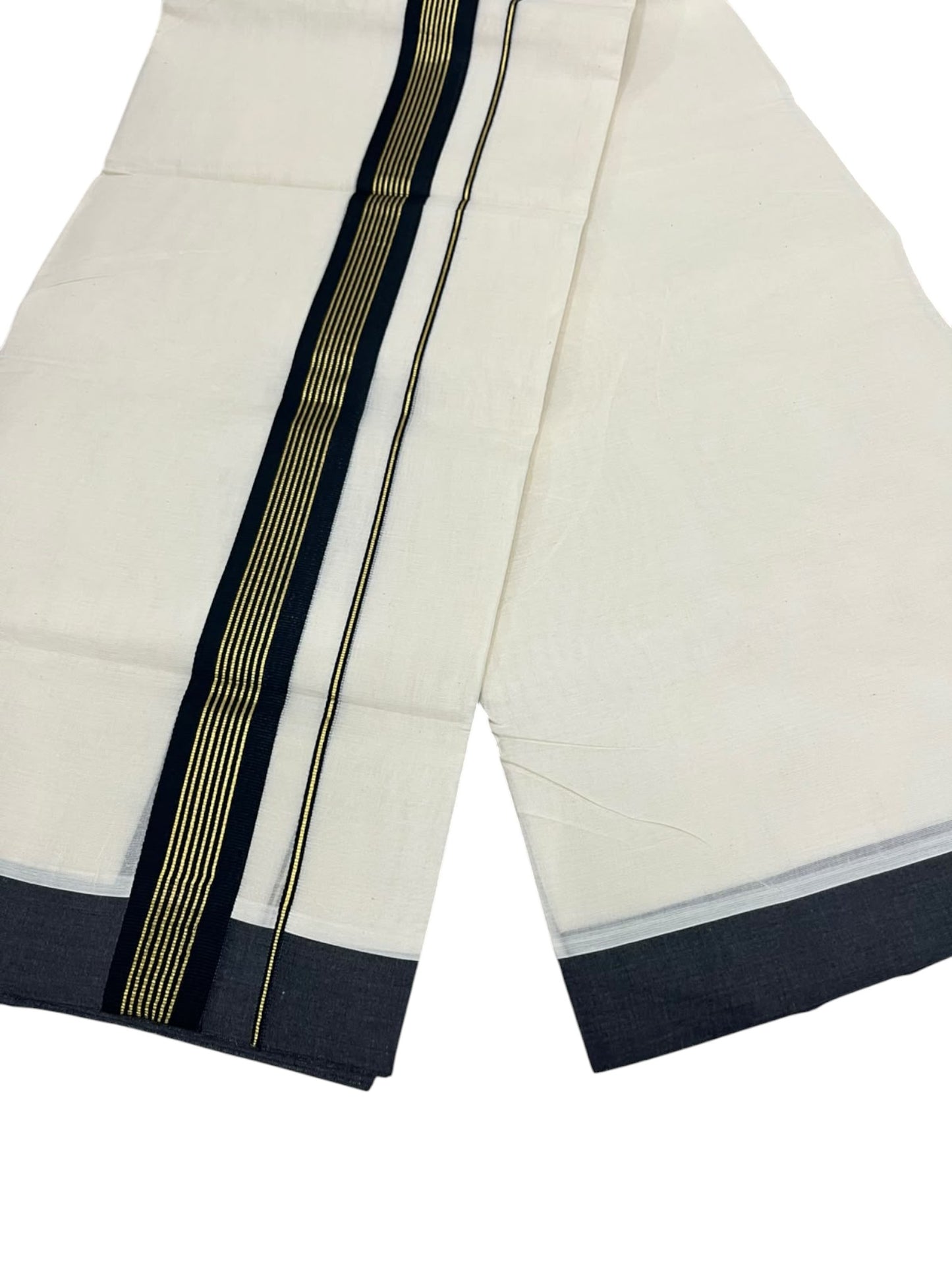 Southloom Pure Cotton Mundu with Golden Lines and Black Border (South Indian Kerala Dhoti)