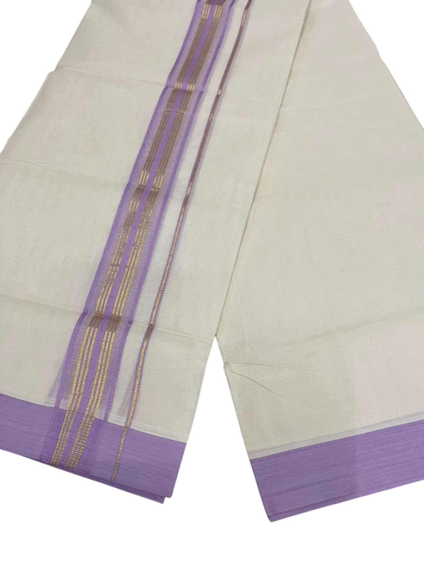 Southloom Pure Cotton Mundu with Golden Lines and Lavender Border (South Indian Kerala Dhoti)