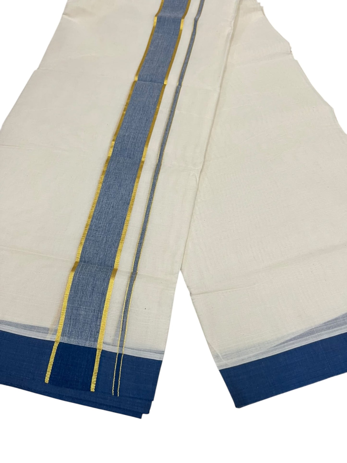 Southloom Pure Cotton Mundu with Golden Lines and Blue Border (South Indian Kerala Dhoti)
