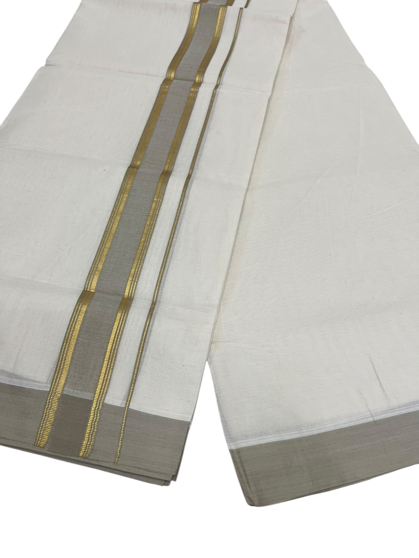 Southloom Pure Cotton Mundu with Golden Lines and Mustard Yellow Border (South Indian Kerala Dhoti)