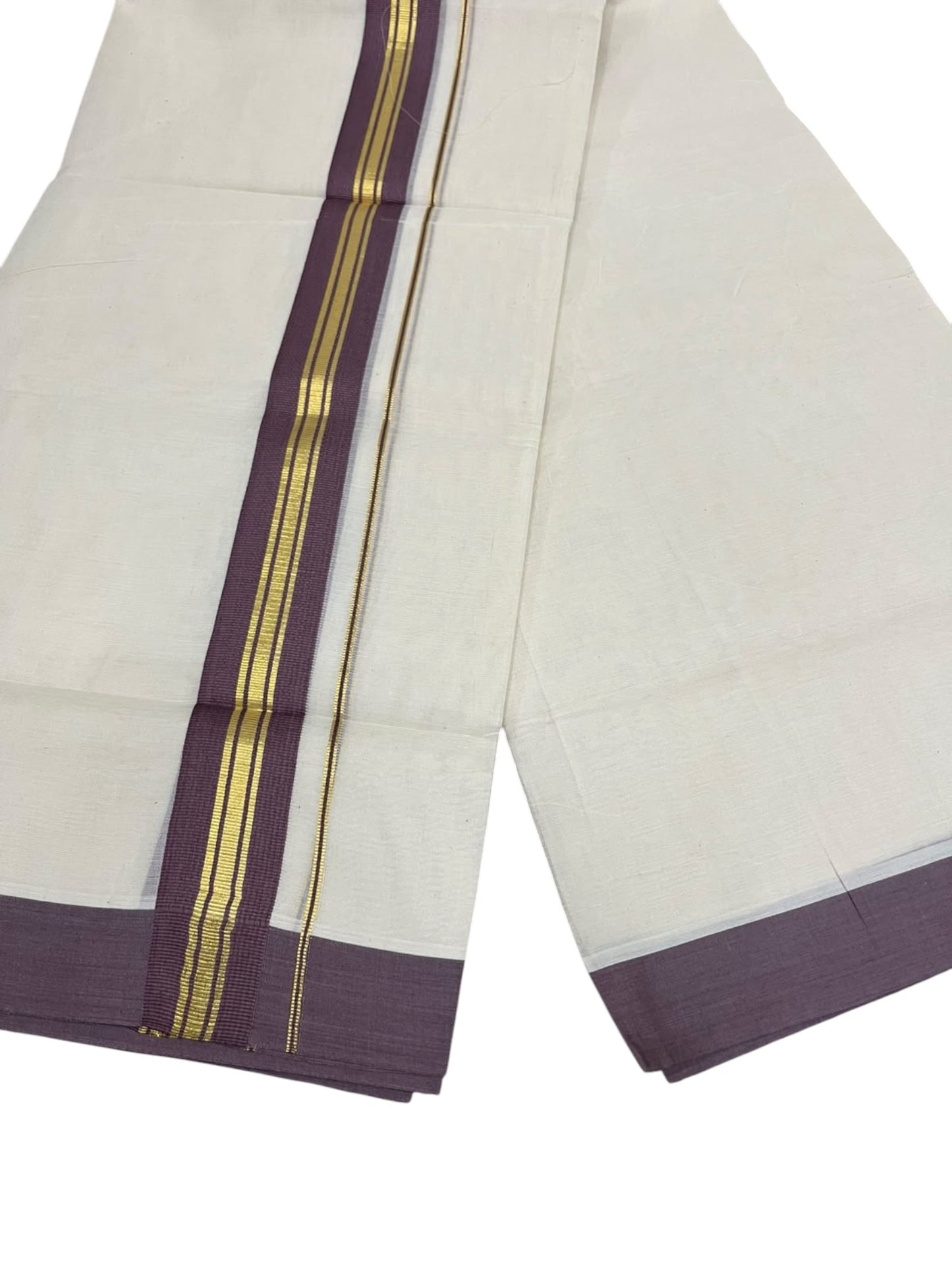 Southloom Pure Cotton Mundu with Golden Lines and Purple Border (South Indian Kerala Dhoti)