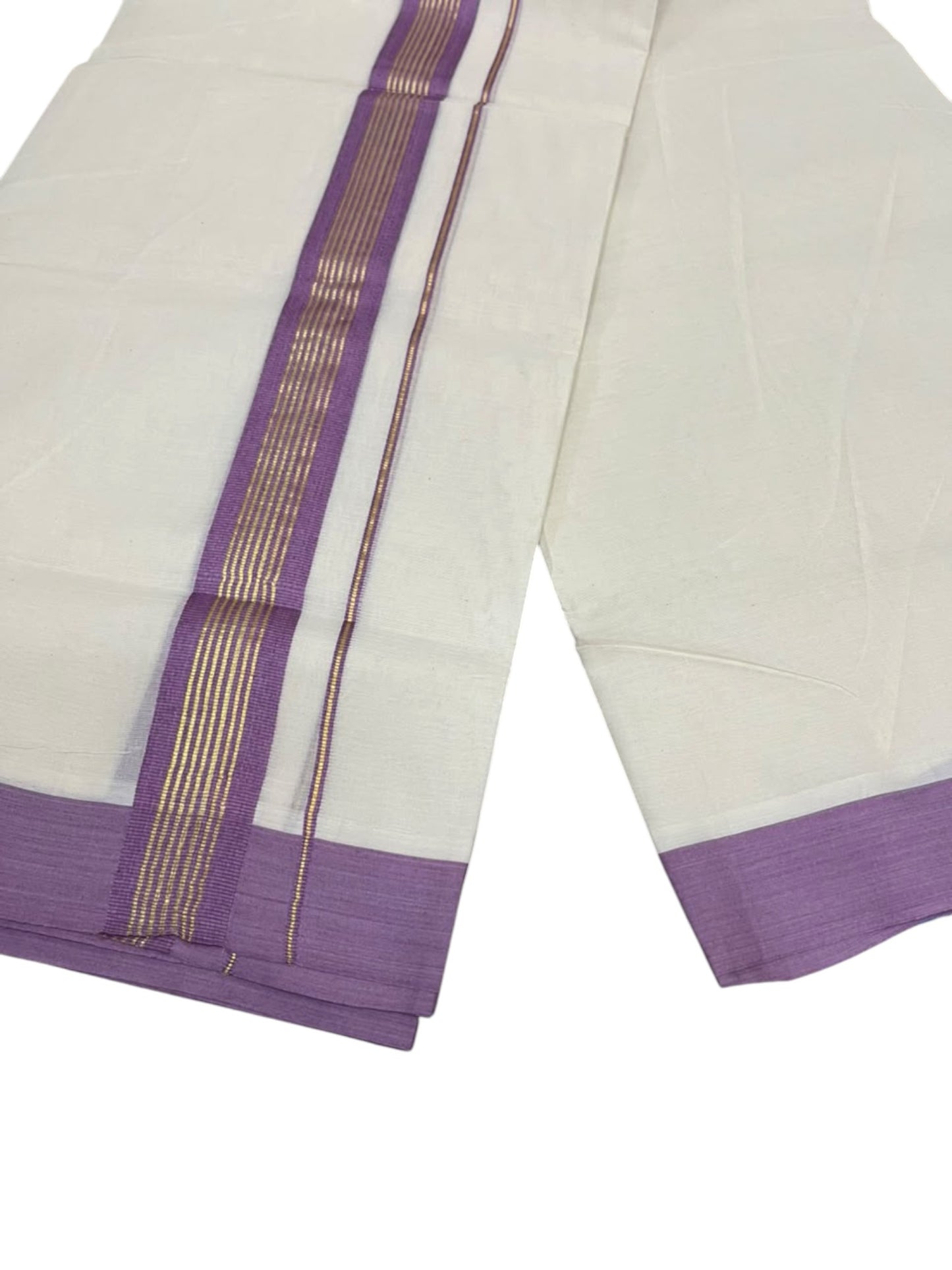 Southloom Pure Cotton Mundu with Golden Lines and Lavender Border (South Indian Kerala Dhoti)