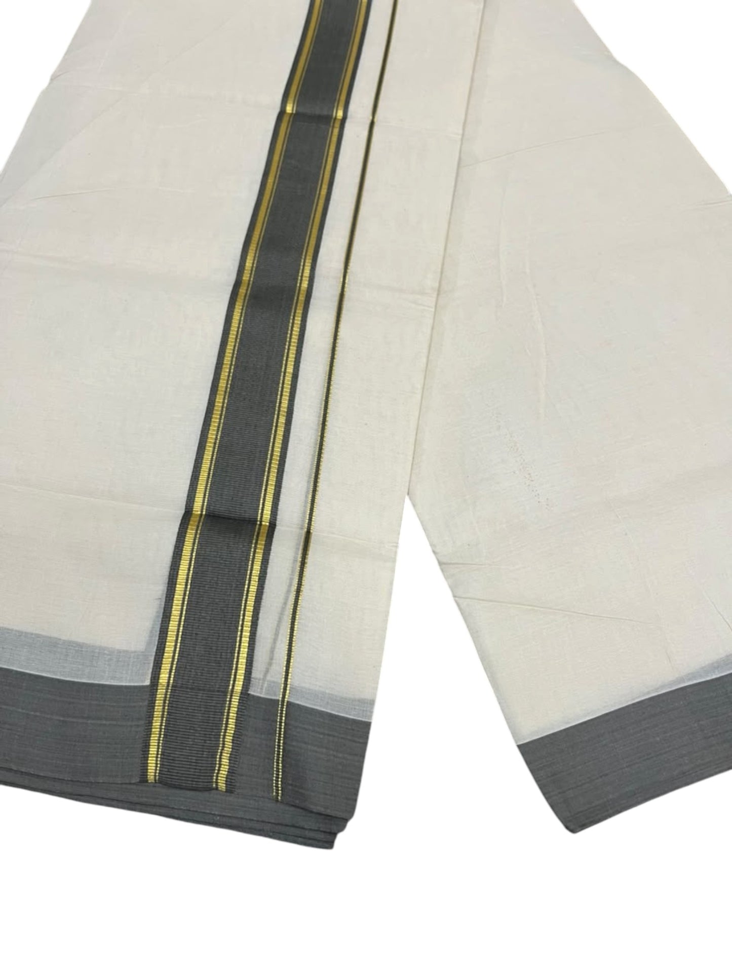 Southloom Pure Cotton Mundu with Golden Lines and Grey Border (South Indian Kerala Dhoti)