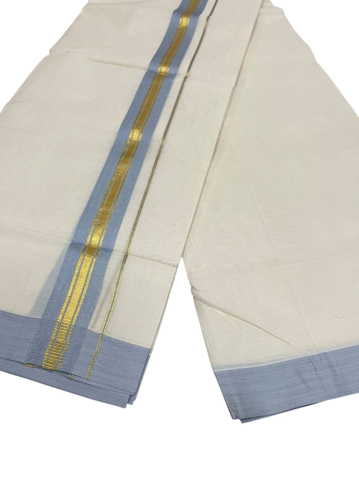 Southloom Pure Cotton Mundu with Golden Lines and Blue Border (South Indian Kerala Dhoti)