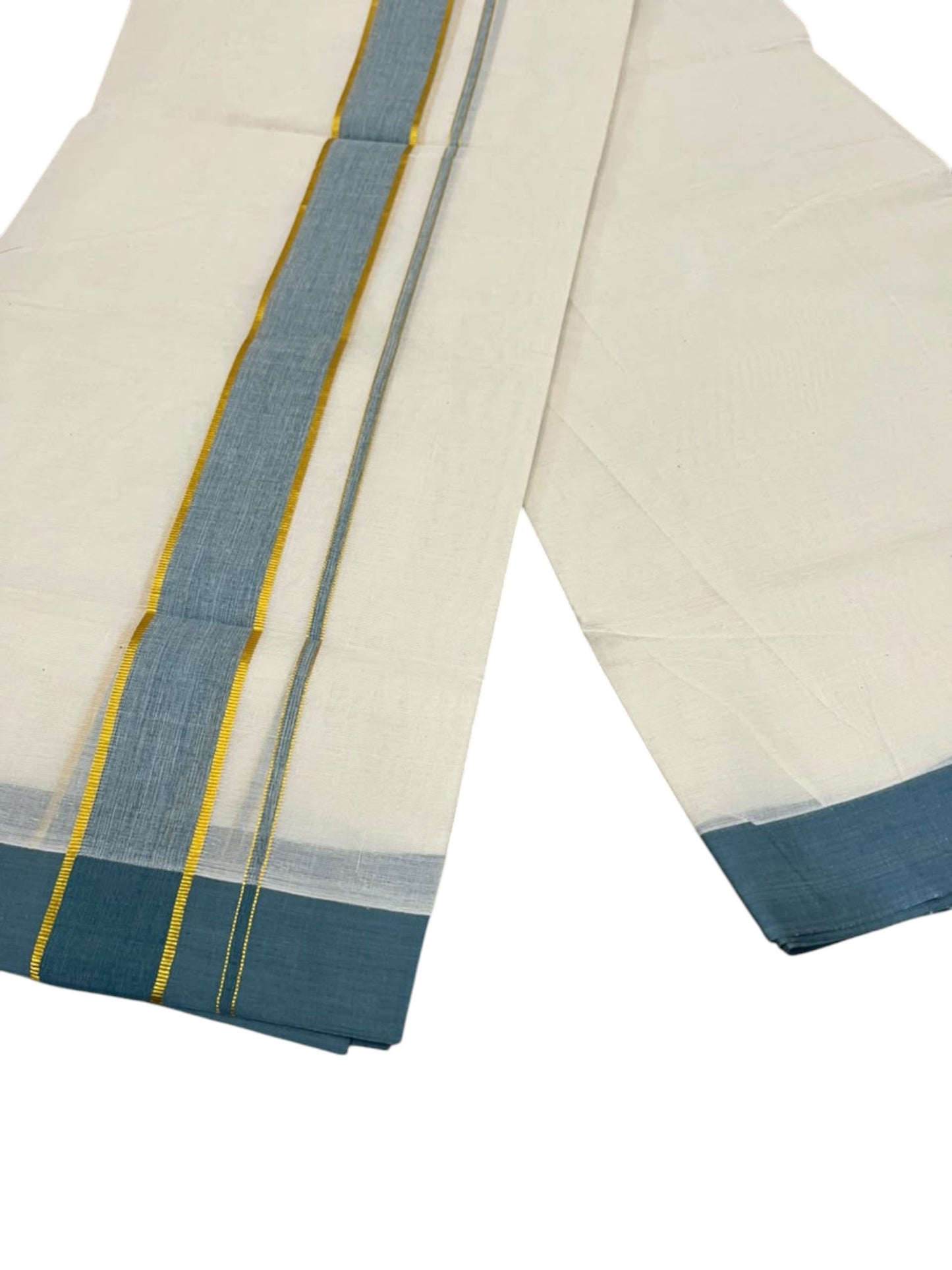 Southloom Pure Cotton Mundu with Golden Lines and Blue Border (South Indian Kerala Dhoti)
