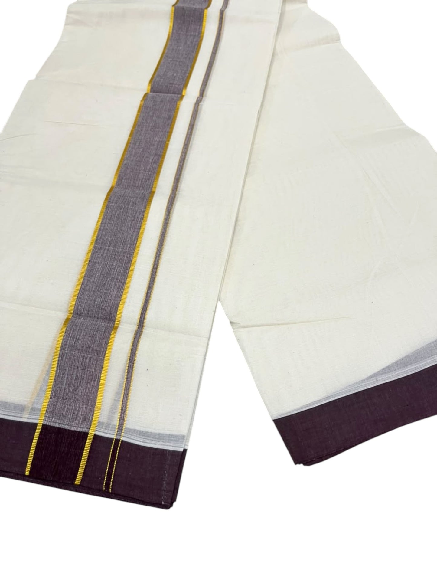 Southloom Pure Cotton Mundu with Golden Lines and Purple Border (South Indian Kerala Dhoti)