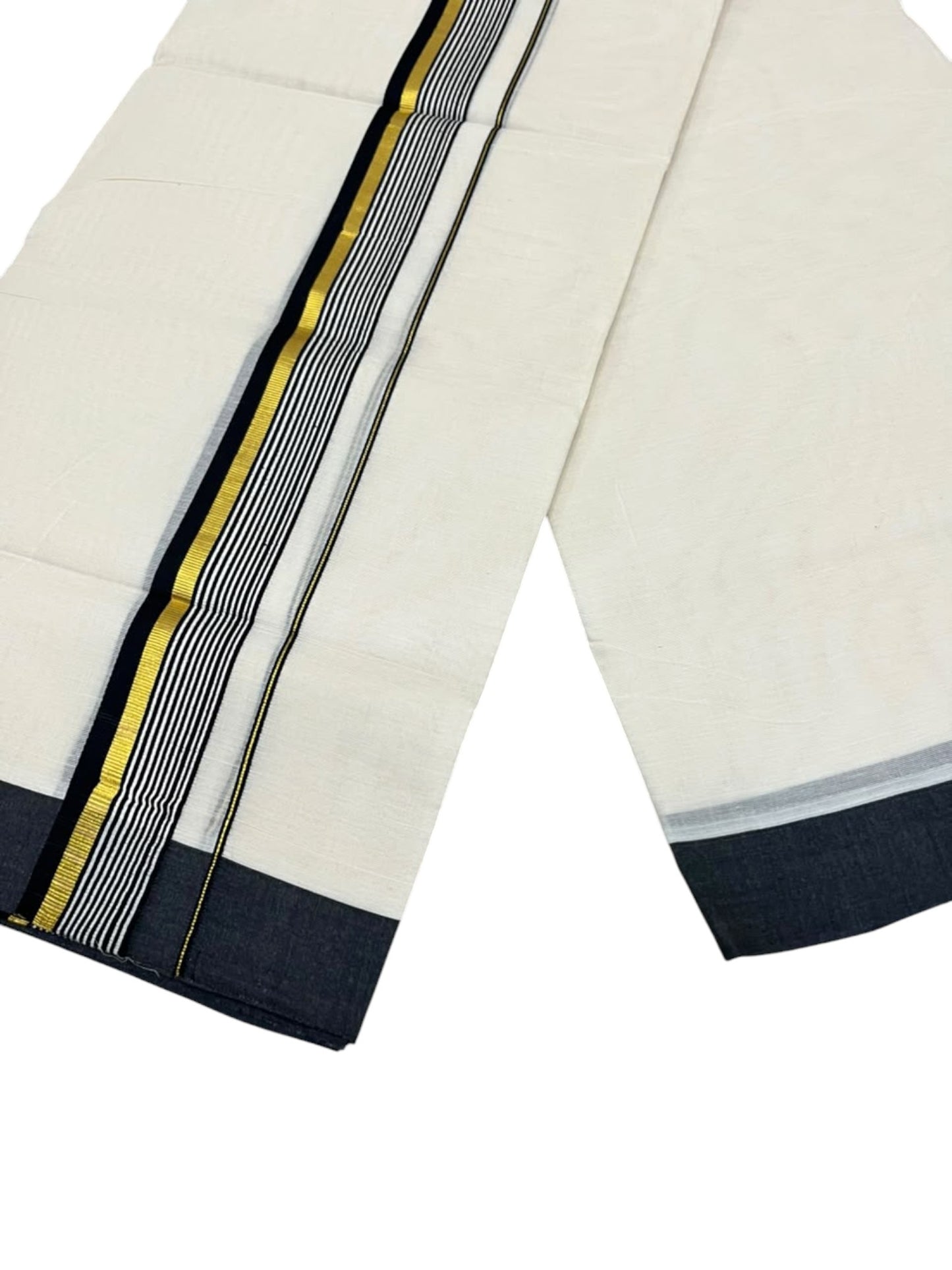 Southloom Pure Cotton Mundu with Golden Lines and Black Border (South Indian Kerala Dhoti)