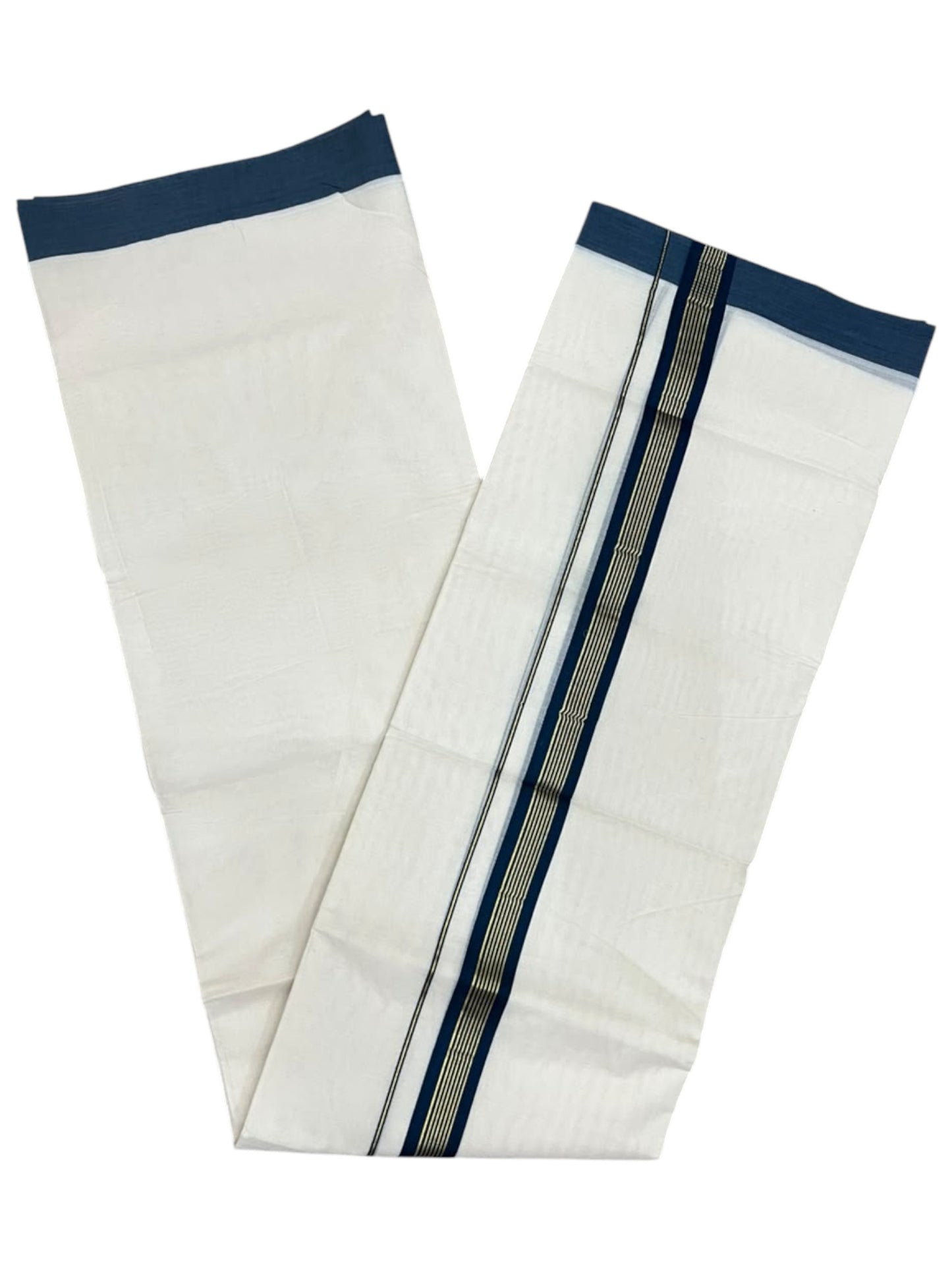 Southloom Pure Cotton Mundu with Golden Lines and Peacock Blue Border (South Indian Kerala Dhoti)