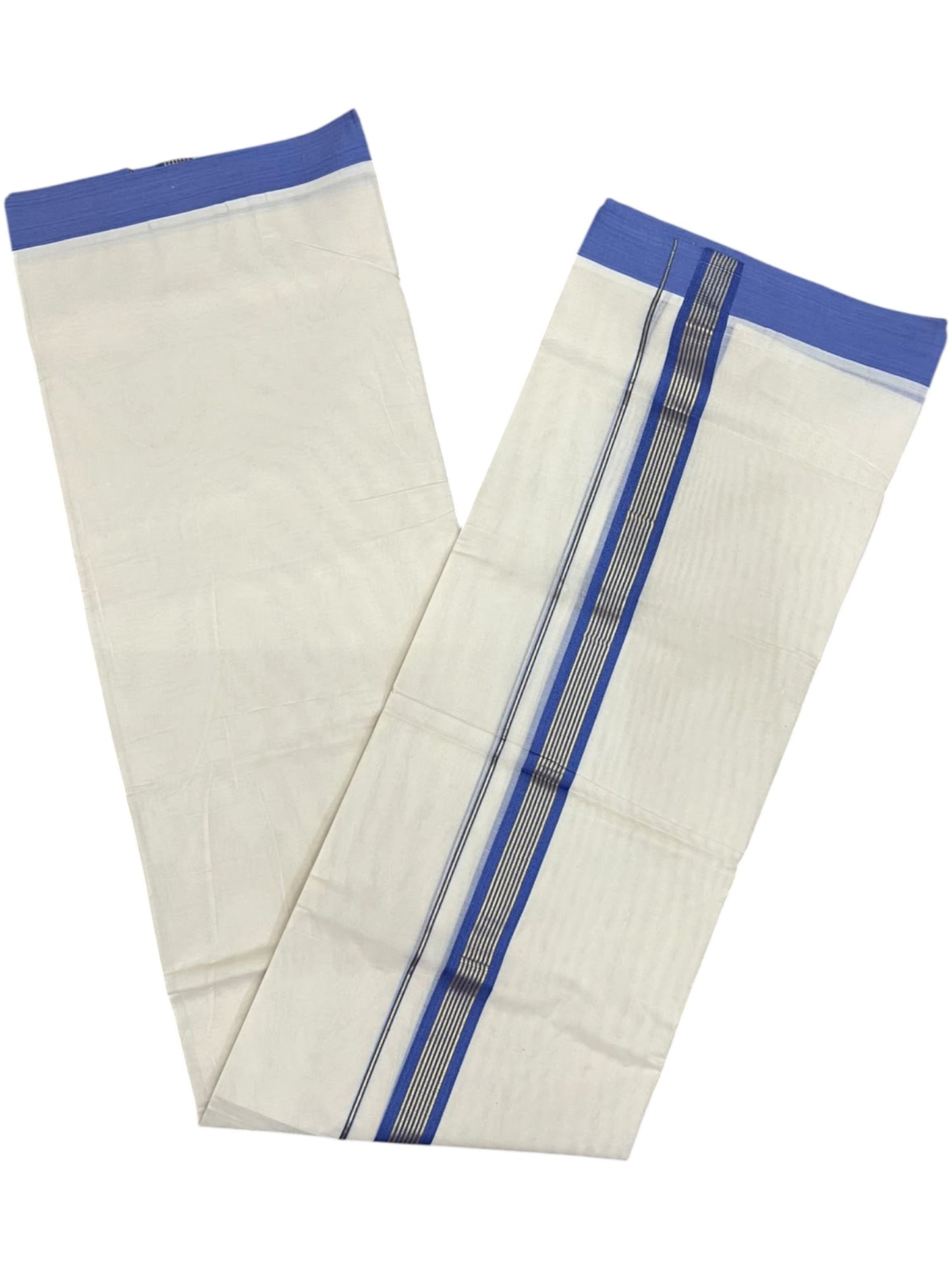 Southloom Pure Cotton Mundu with Golden Lines and Blue Border (South Indian Kerala Dhoti)