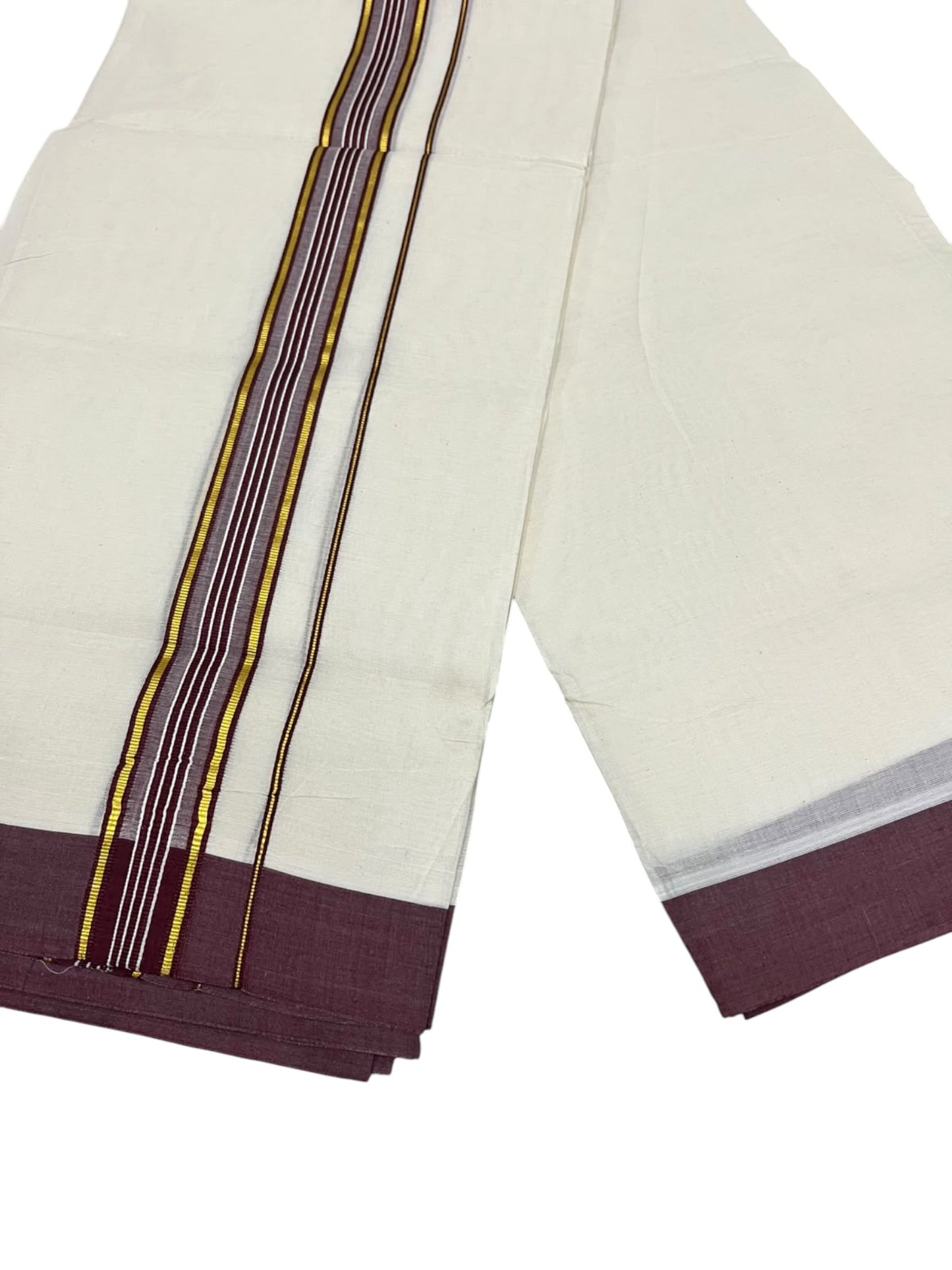 Southloom Pure Cotton Mundu with Golden Lines and Maroon Border (South Indian Kerala Dhoti)