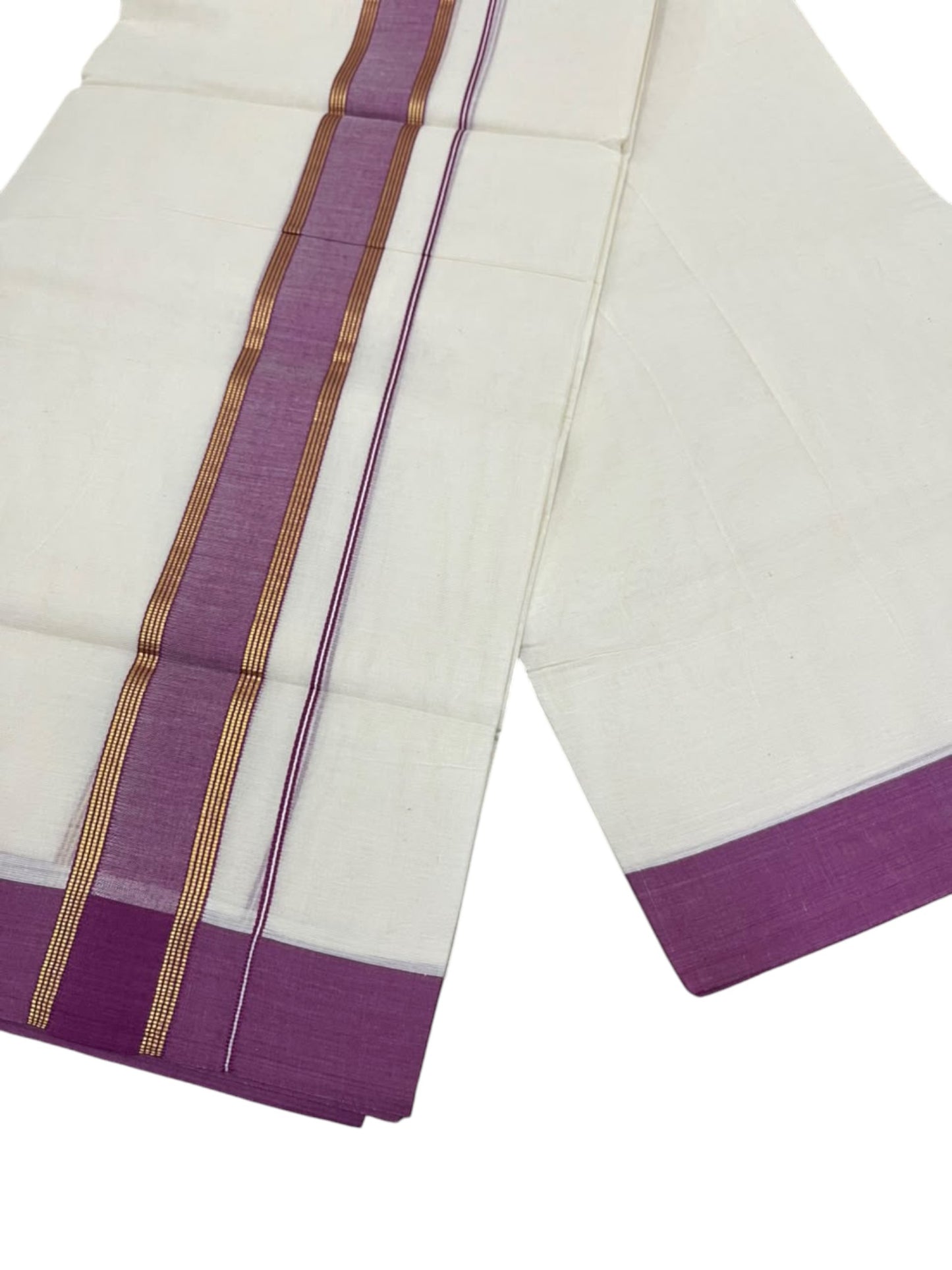 Southloom Pure Cotton Mundu with Golden Lines and Magenta Border (South Indian Kerala Dhoti)